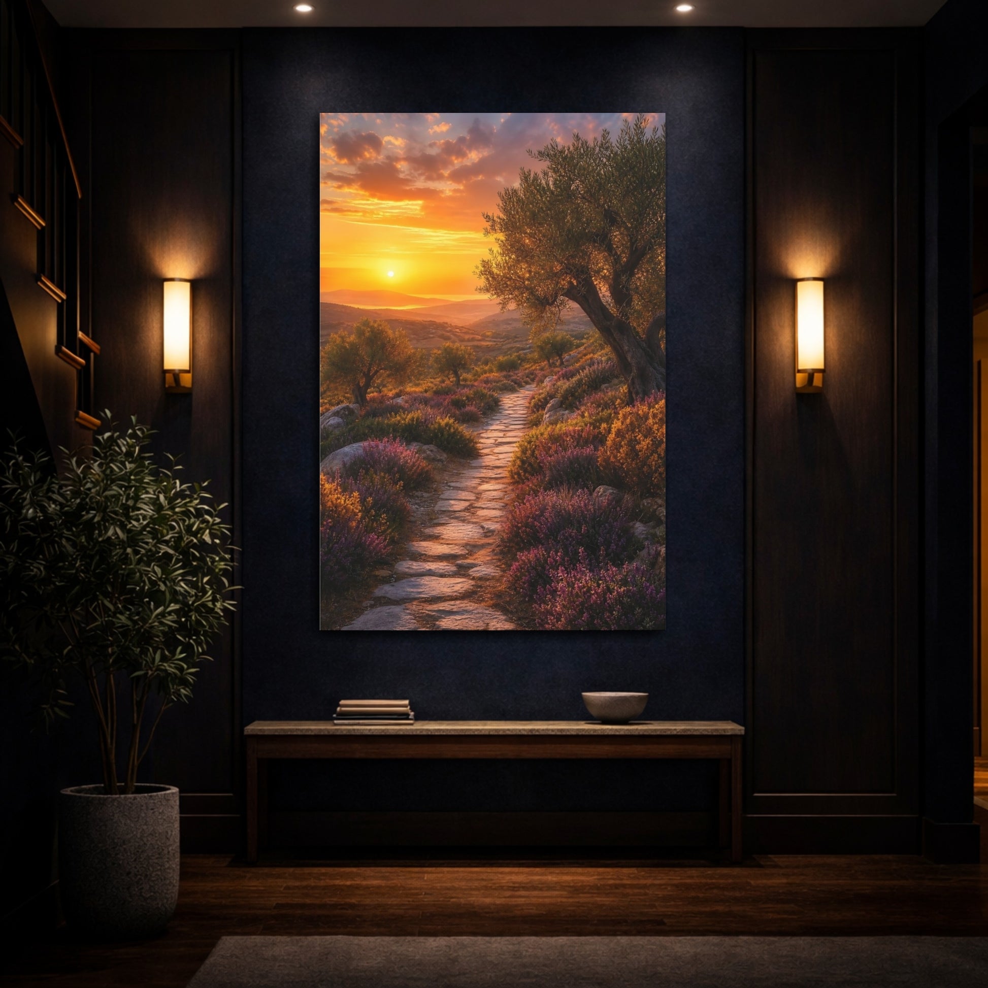 Mockup 4. Sunset Olive Grove Path shown as canvas print