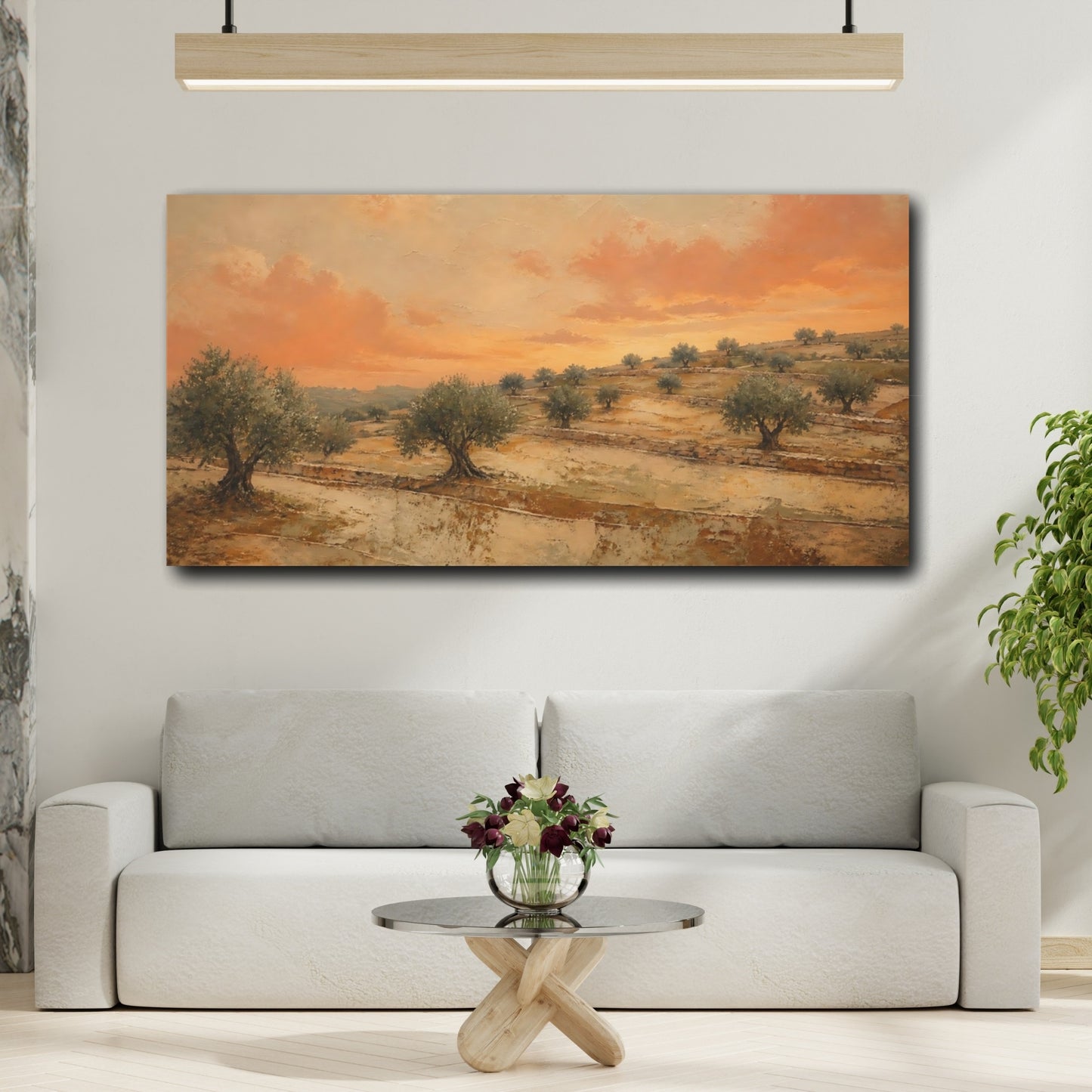 Mockup 2. Sunset Olive Grove shown as canvas print