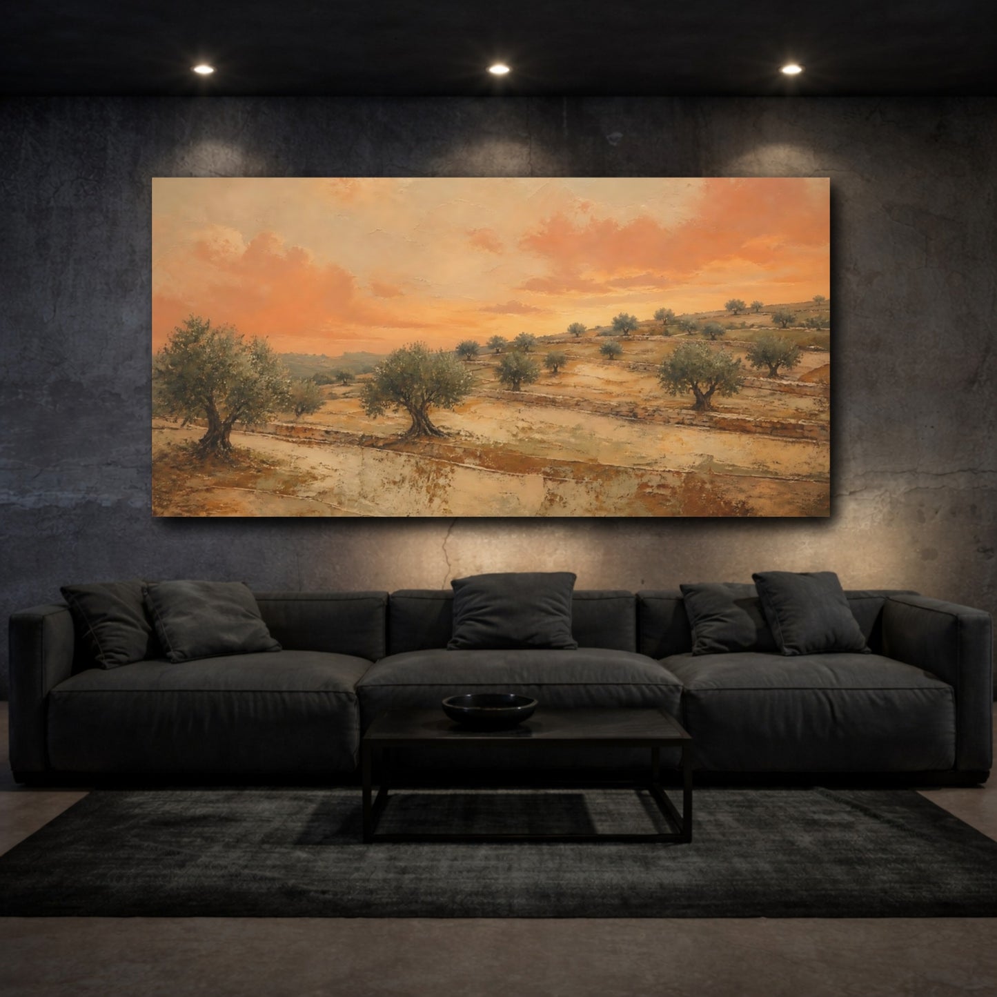 Mockup 3. Sunset Olive Grove shown as canvas print