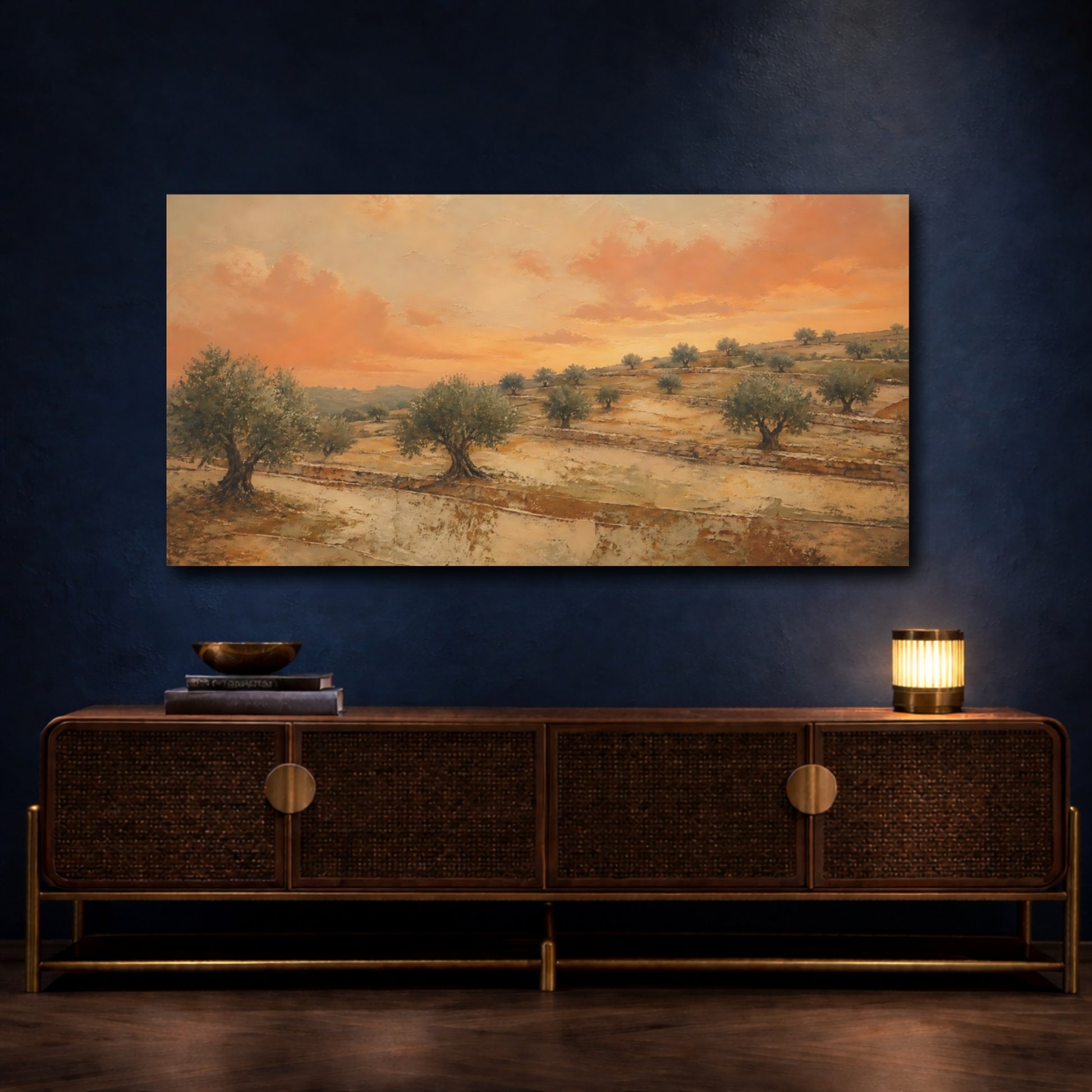 Mockup 4. Sunset Olive Grove shown as canvas print