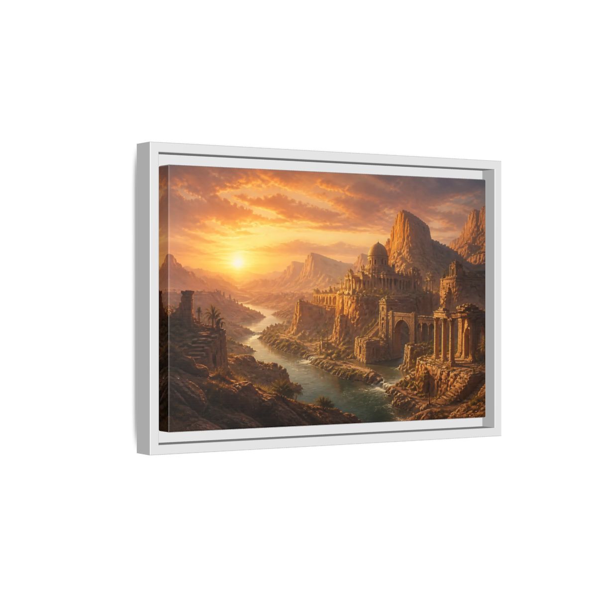 Side Mockup 4. Sunset Over Desert Ruins shown as framed canvas print