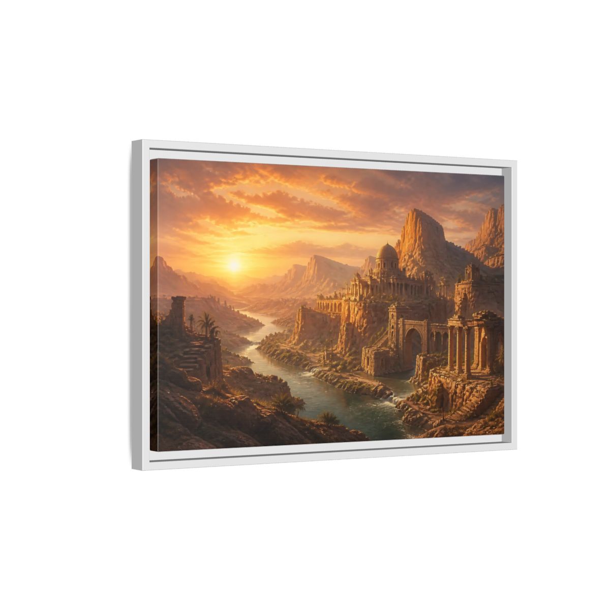 Side Mockup 1. Sunset Over Desert Ruins shown as framed canvas print