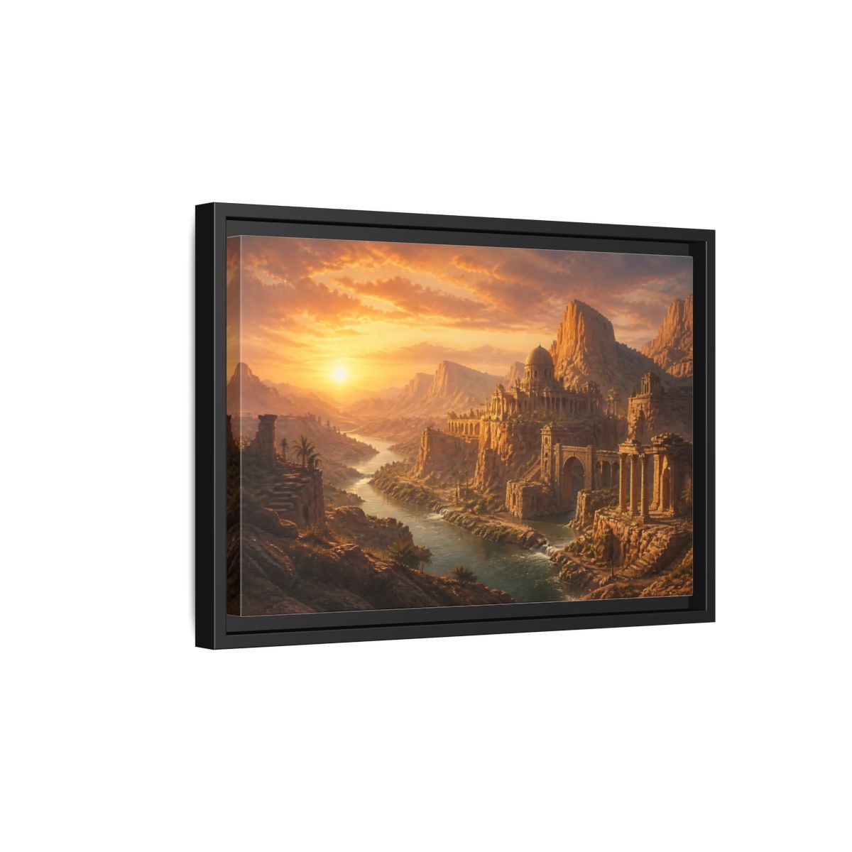 Side Mockup 6. Sunset Over Desert Ruins shown as framed canvas print