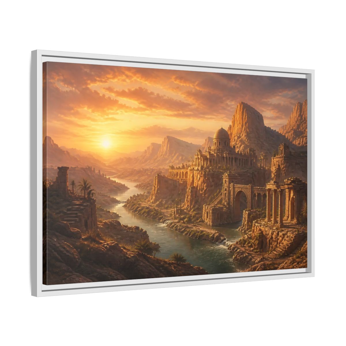 Side Mockup 10. Sunset Over Desert Ruins shown as framed canvas print