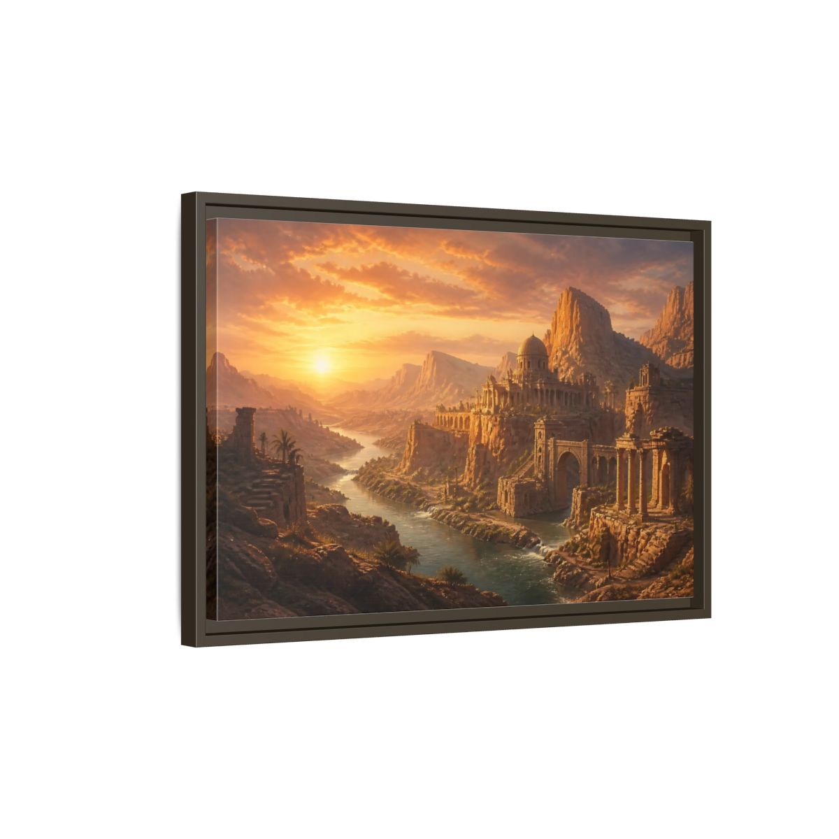 Side Mockup 2. Sunset Over Desert Ruins shown as framed canvas print
