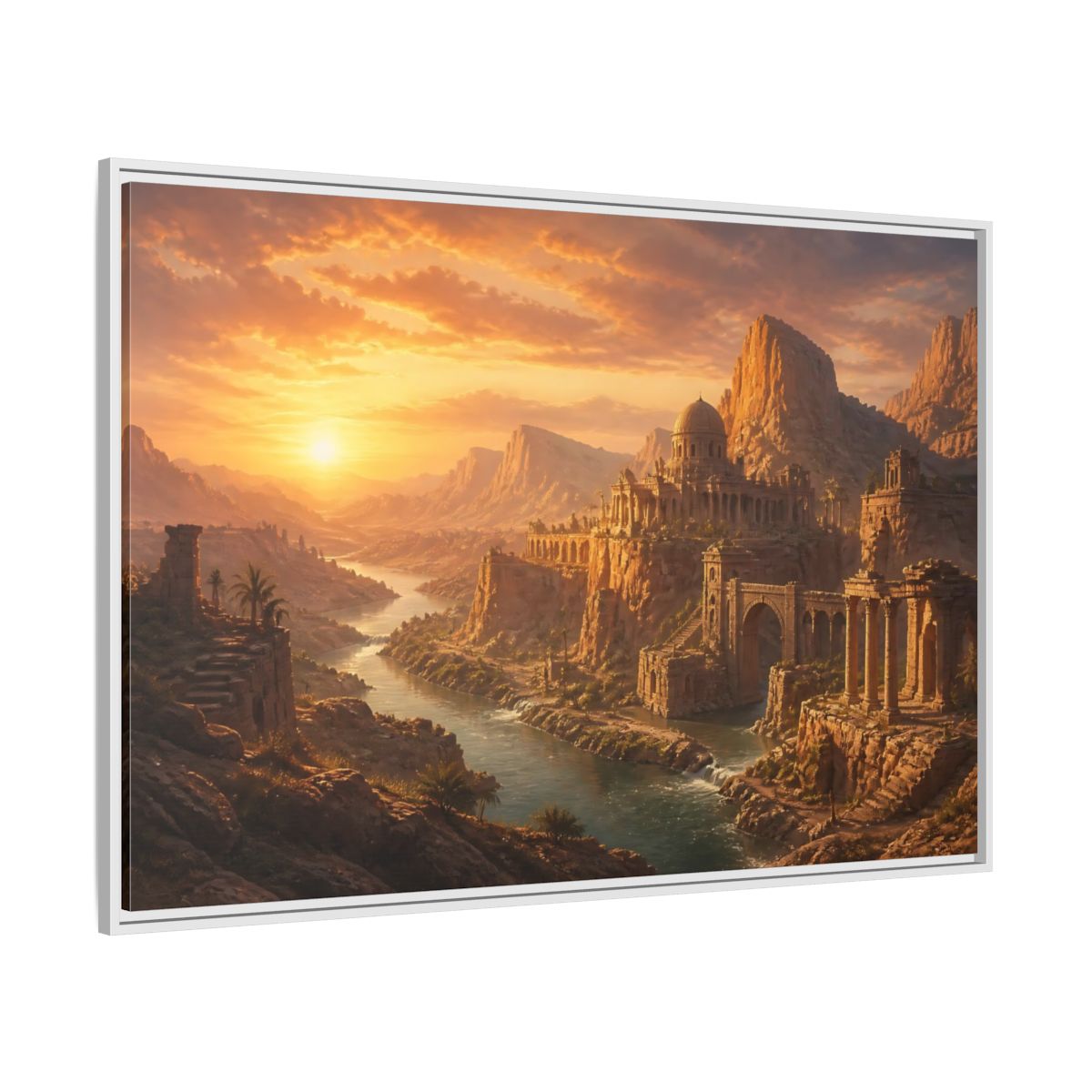 Side Mockup 7. Sunset Over Desert Ruins shown as framed canvas print