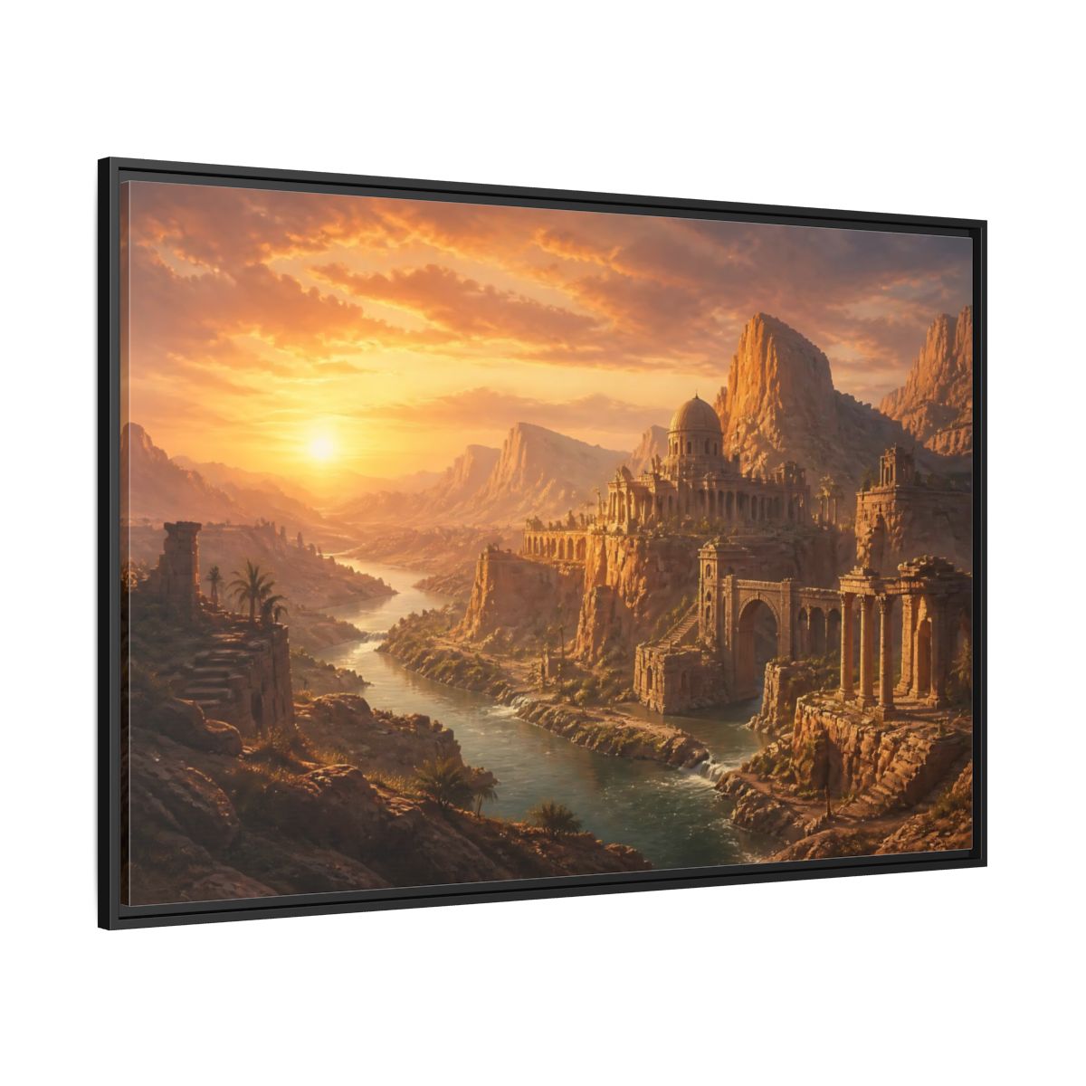 Side Mockup 12. Sunset Over Desert Ruins shown as framed canvas print