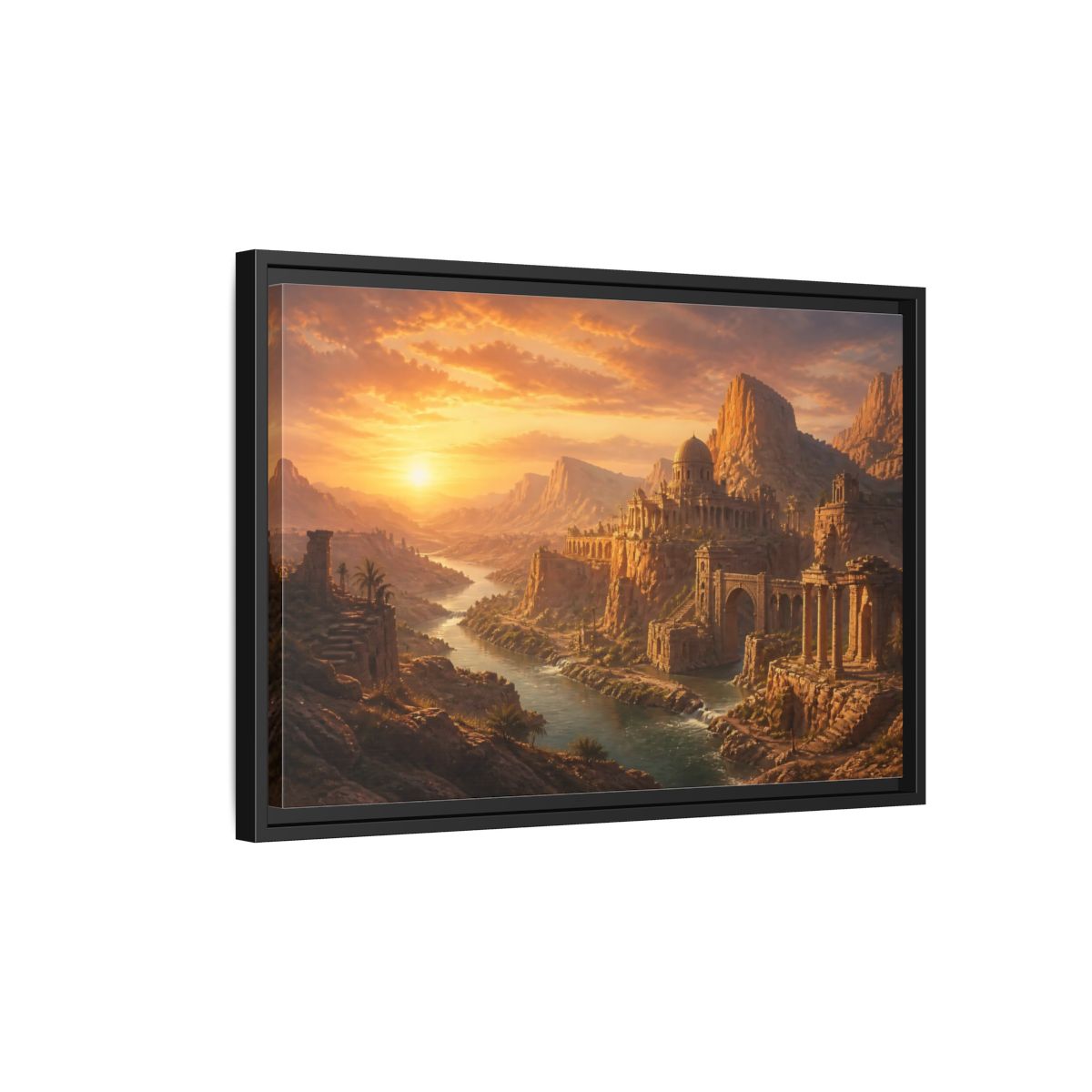 Side Mockup 3. Sunset Over Desert Ruins shown as framed canvas print