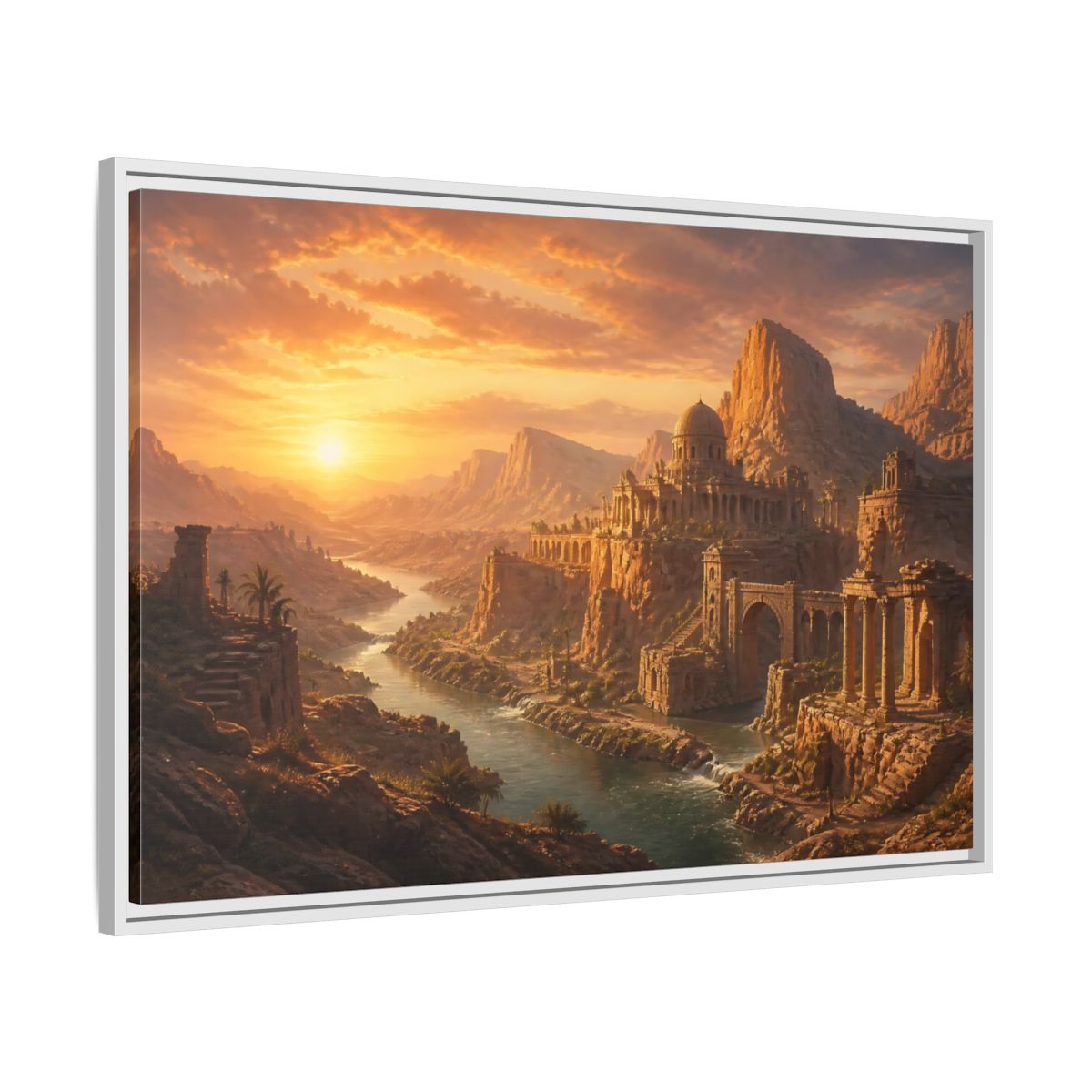 Side Mockup 9. Sunset Over Desert Ruins shown as framed canvas print