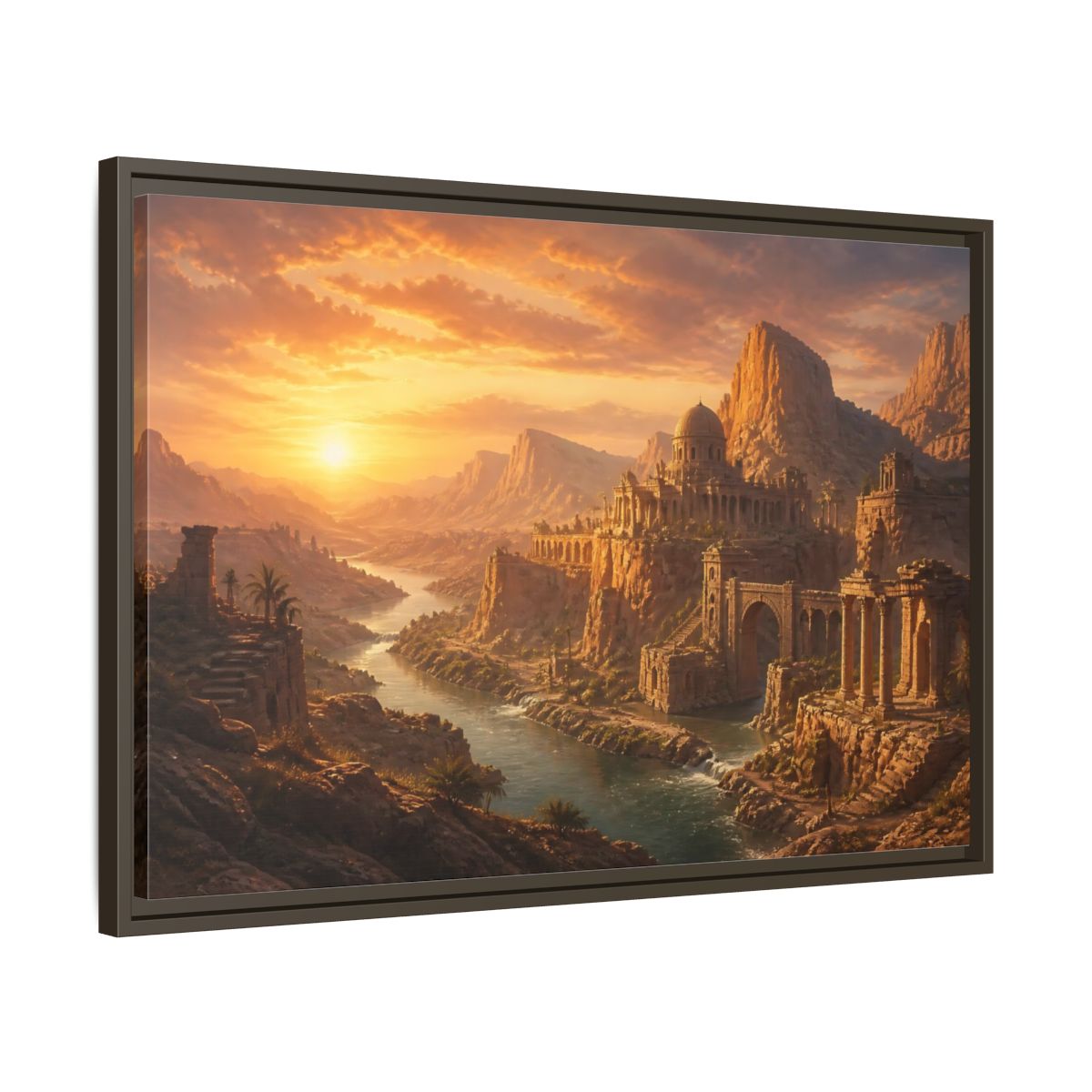 Side Mockup 11. Sunset Over Desert Ruins shown as framed canvas print