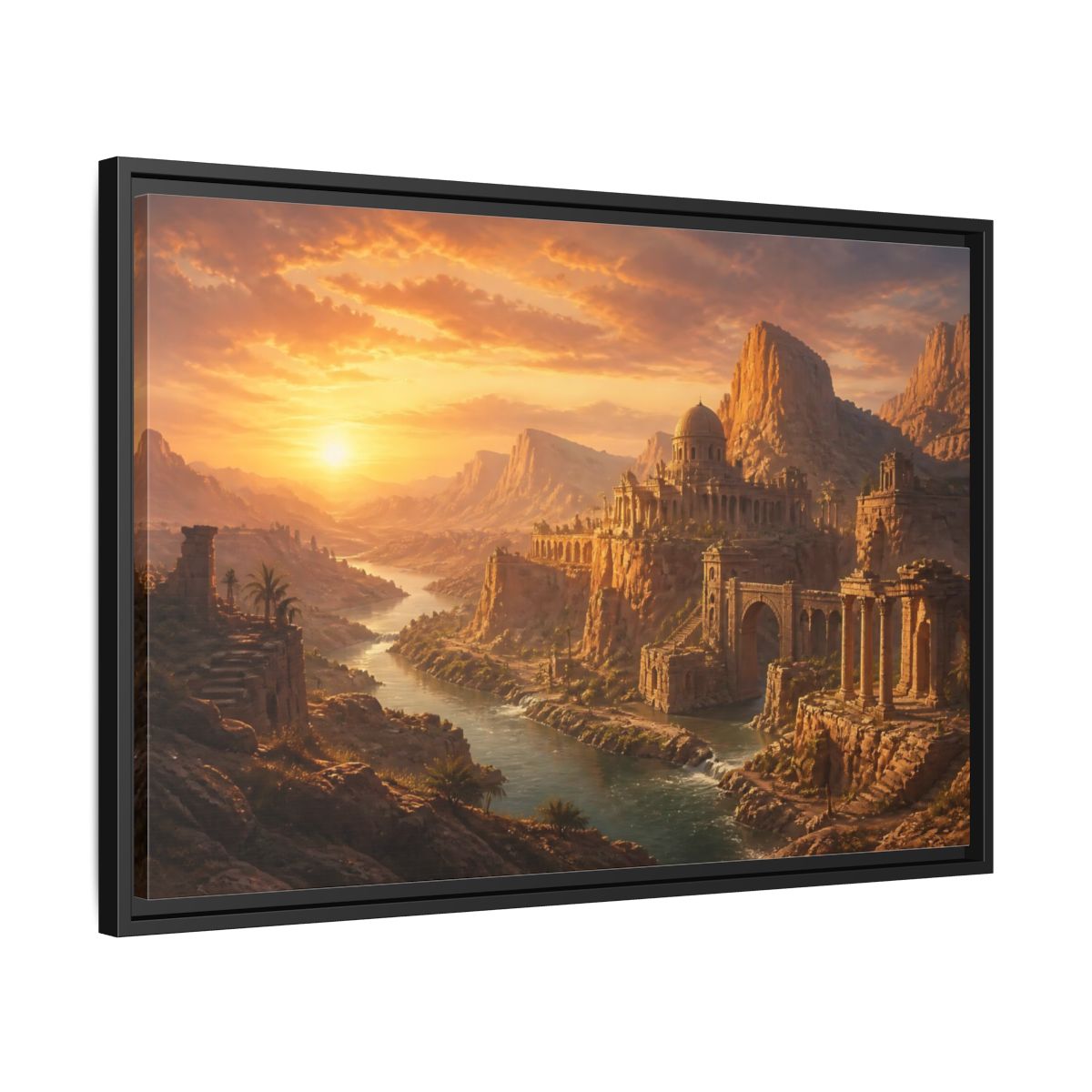 Side Mockup 14. Sunset Over Desert Ruins shown as framed canvas print