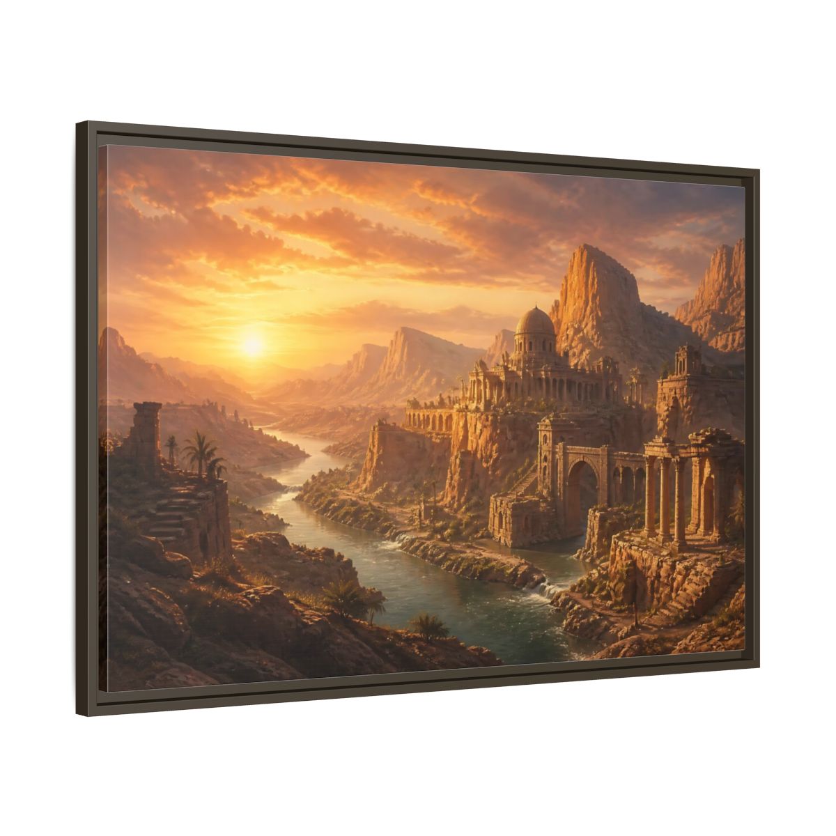 Main Mockup. Sunset Over Desert Ruins shown as framed canvas print