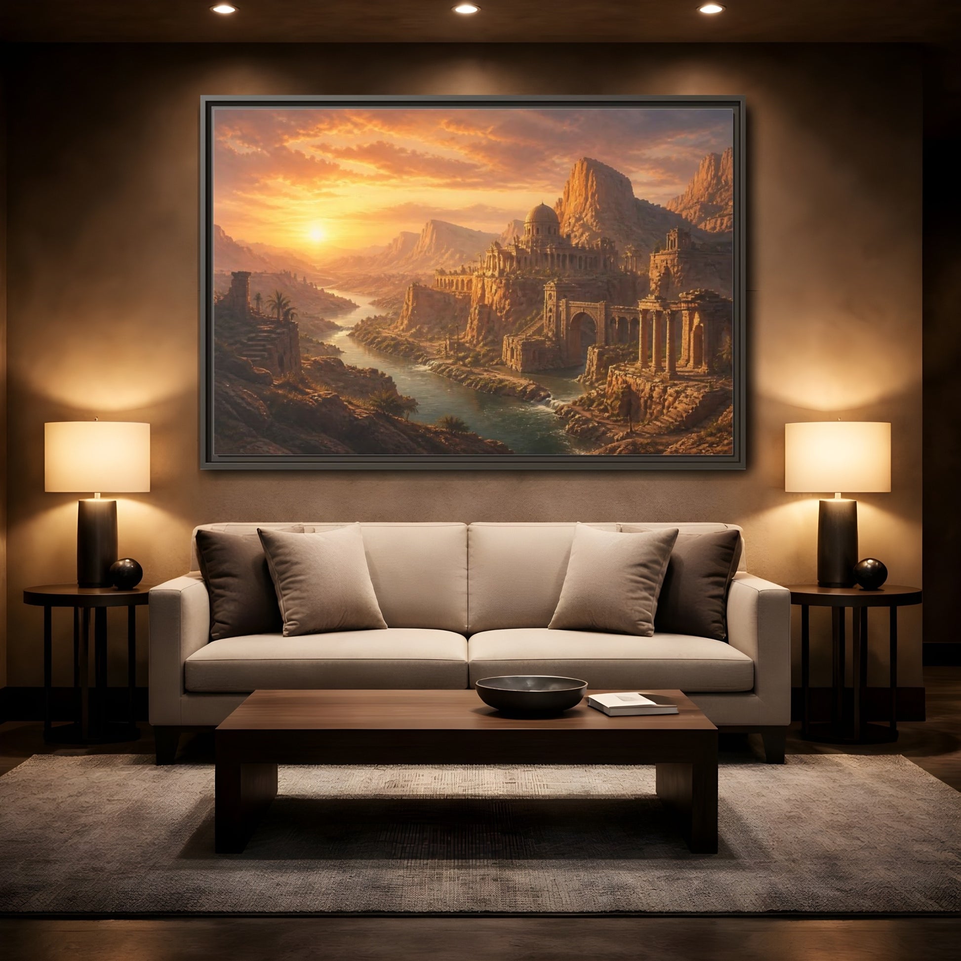 Mockup 2. Sunset Over Desert Ruins shown as framed canvas print