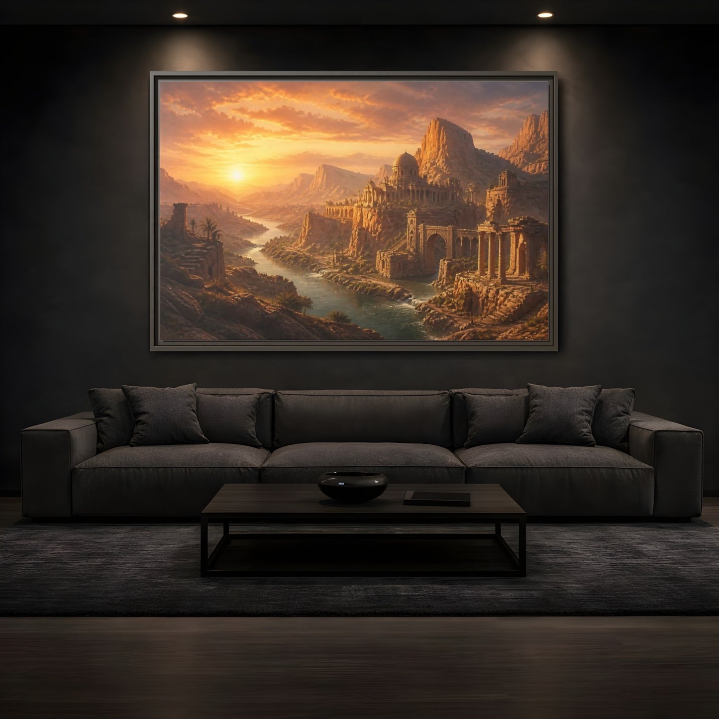 Mockup 3. Sunset Over Desert Ruins shown as framed canvas print