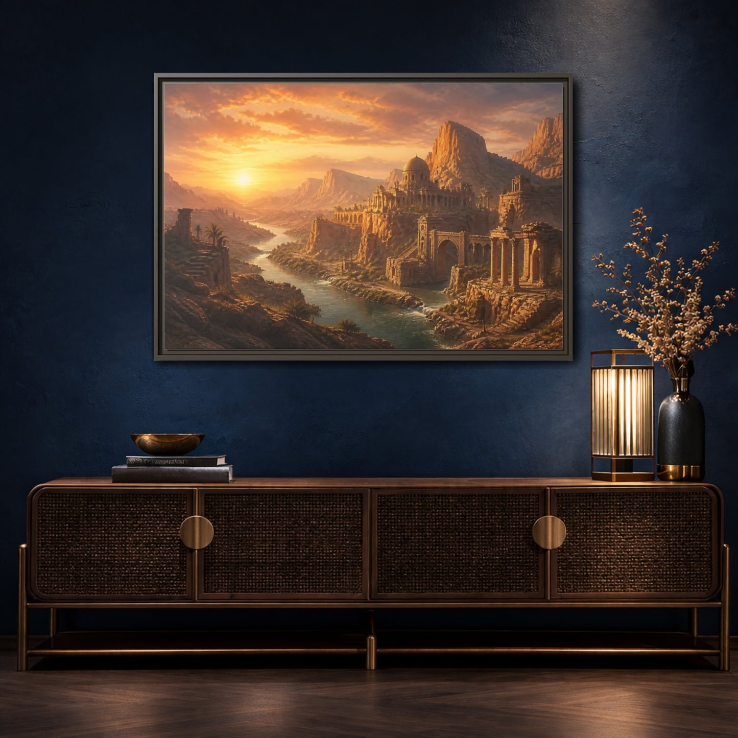 Mockup 4. Sunset Over Desert Ruins shown as framed canvas print