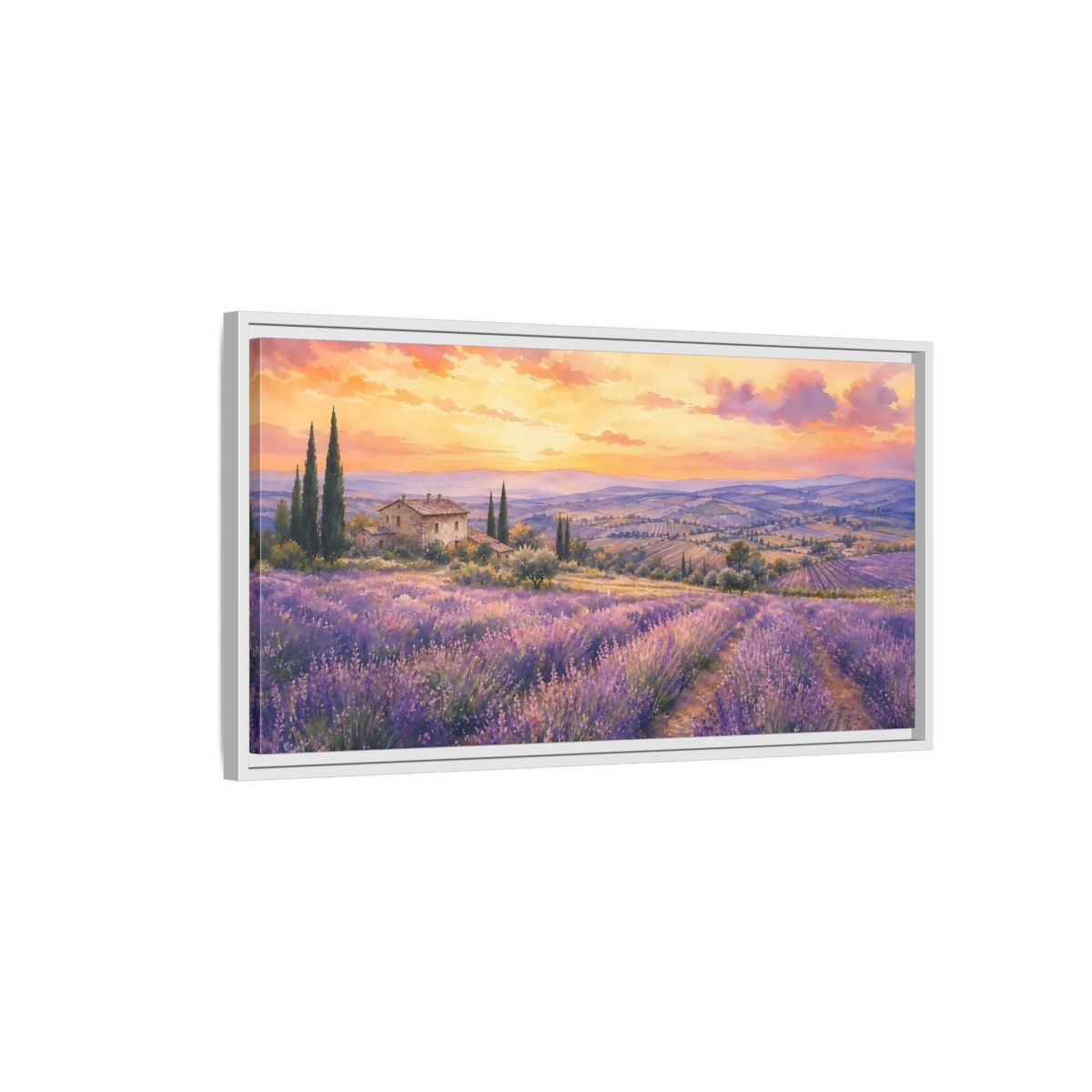 Side Mockup 1. Sunset Over Lavender Fields shown as framed canvas print