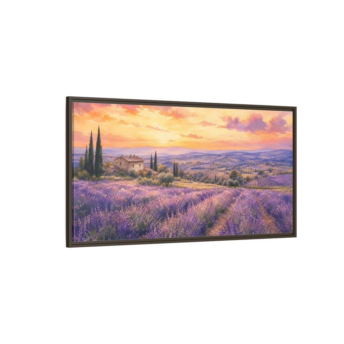 Side Mockup 4. Sunset Over Lavender Fields shown as framed canvas print