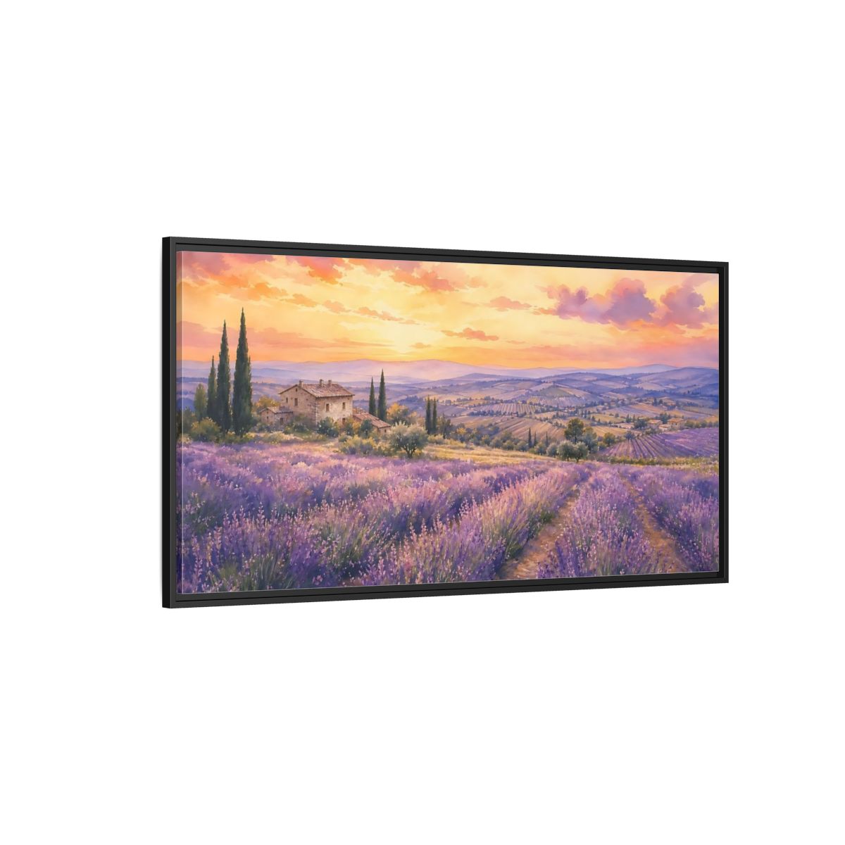 Side Mockup 5. Sunset Over Lavender Fields shown as framed canvas print