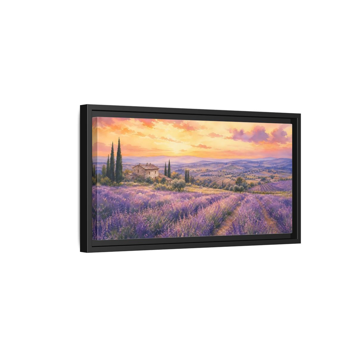 Side Mockup 8. Sunset Over Lavender Fields shown as framed canvas print