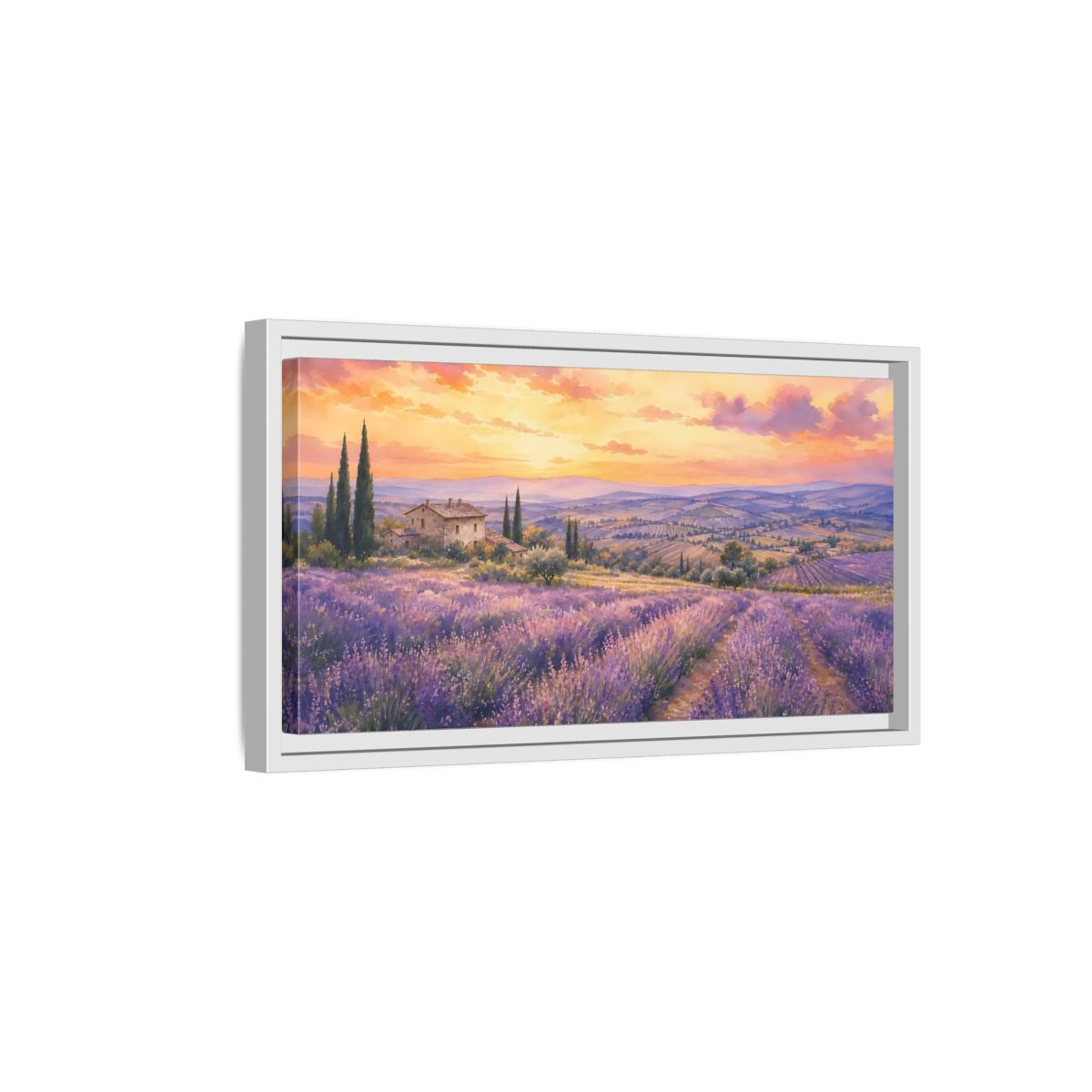 Side Mockup 6. Sunset Over Lavender Fields shown as framed canvas print