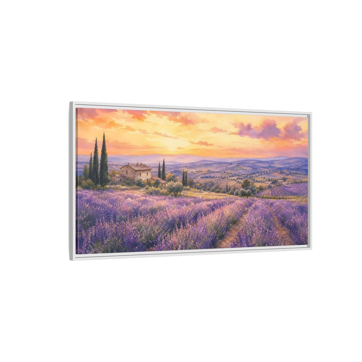 Side Mockup 3. Sunset Over Lavender Fields shown as framed canvas print