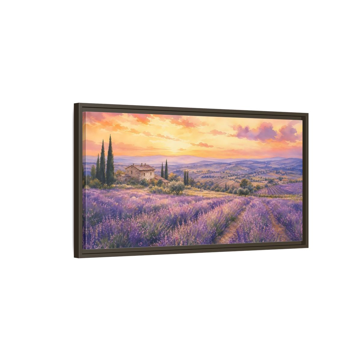Main Mockup. Sunset Over Lavender Fields shown as framed canvas print