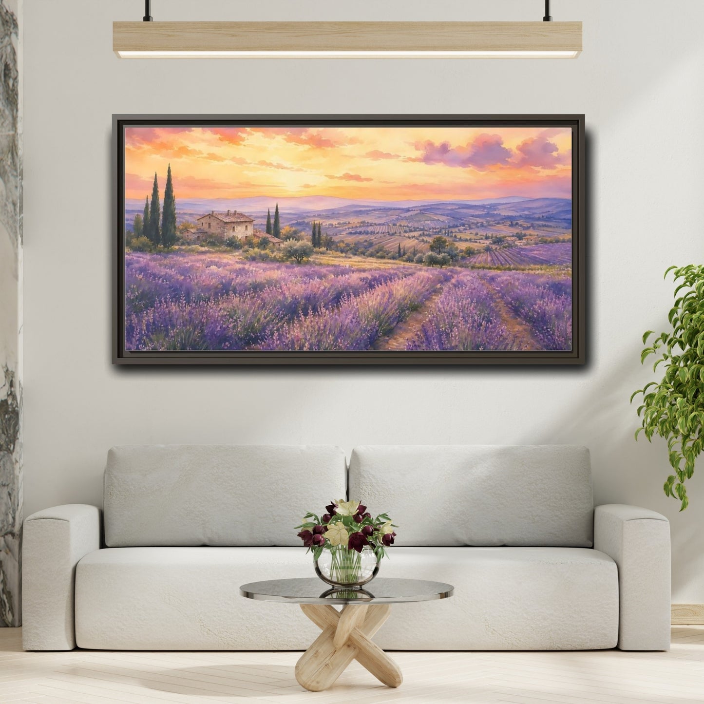 Mockup 2. Sunset Over Lavender Fields shown as framed canvas print