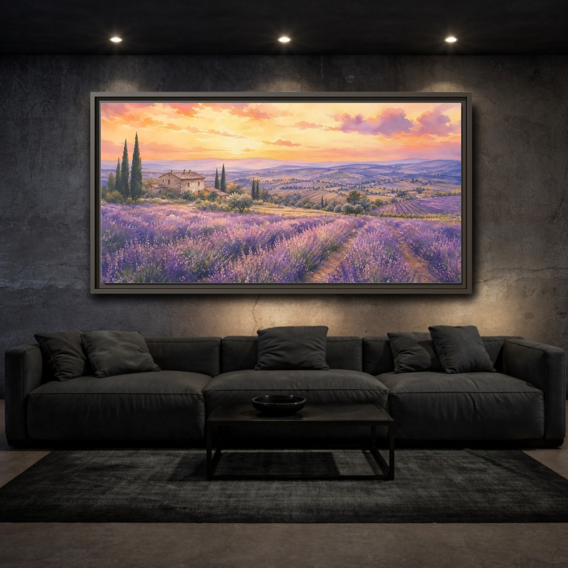 Mockup 3. Sunset Over Lavender Fields shown as framed canvas print