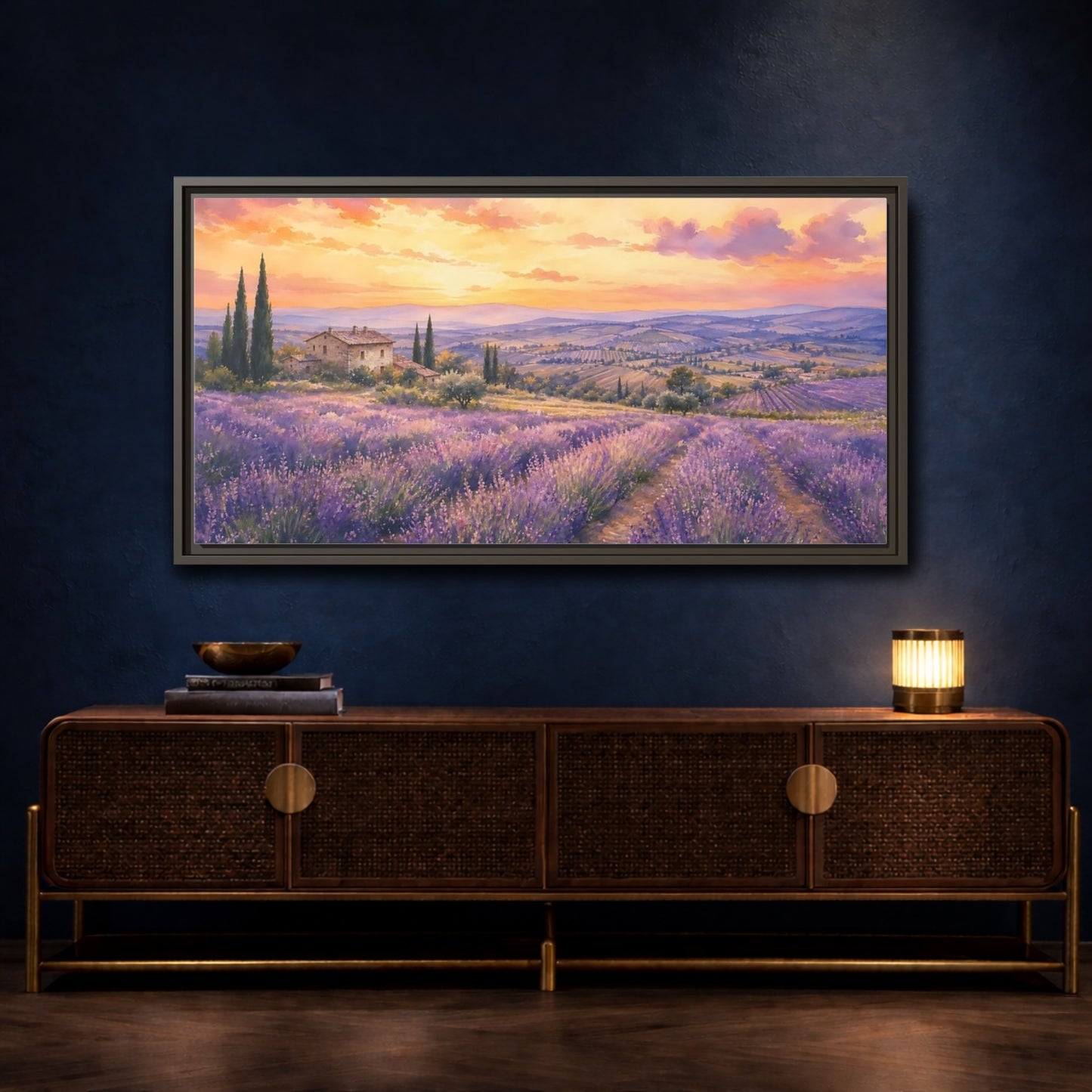 Mockup 4. Sunset Over Lavender Fields shown as framed canvas print