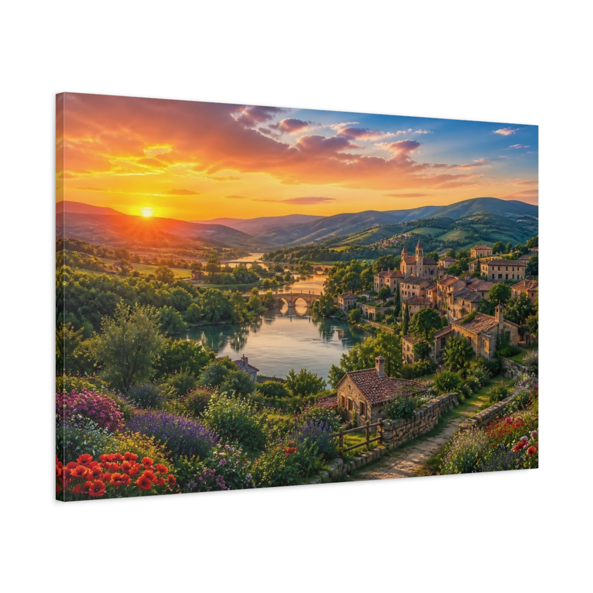Main Mockup. Sunset Over Riverside Village shown as canvas print