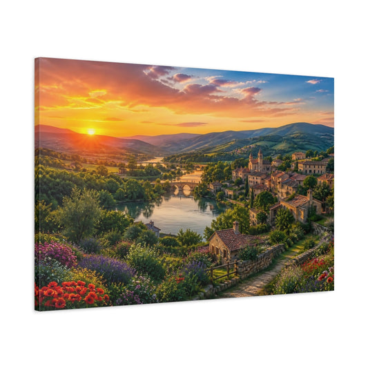 Main Mockup. Sunset Over Riverside Village shown as canvas print
