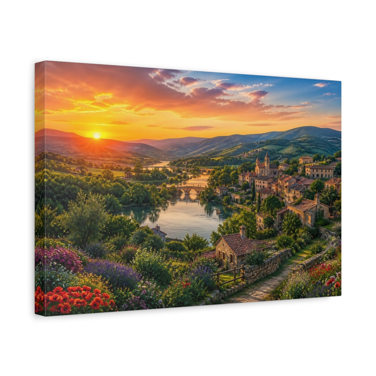 Side Mockup 4. Sunset Over Riverside Village shown as canvas print