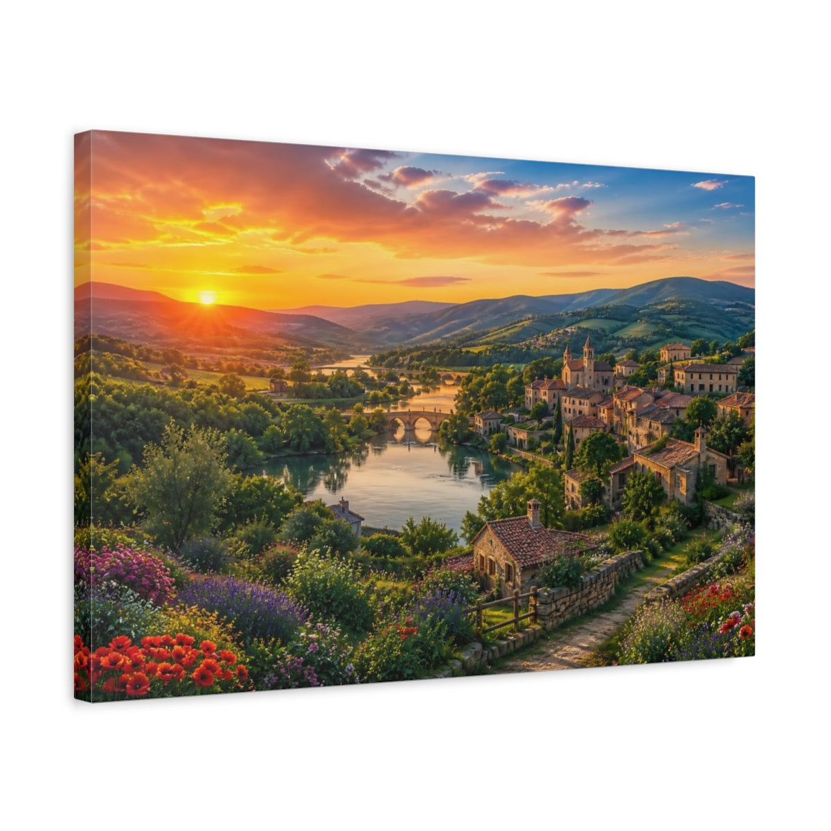 Side Mockup 3. Sunset Over Riverside Village shown as canvas print