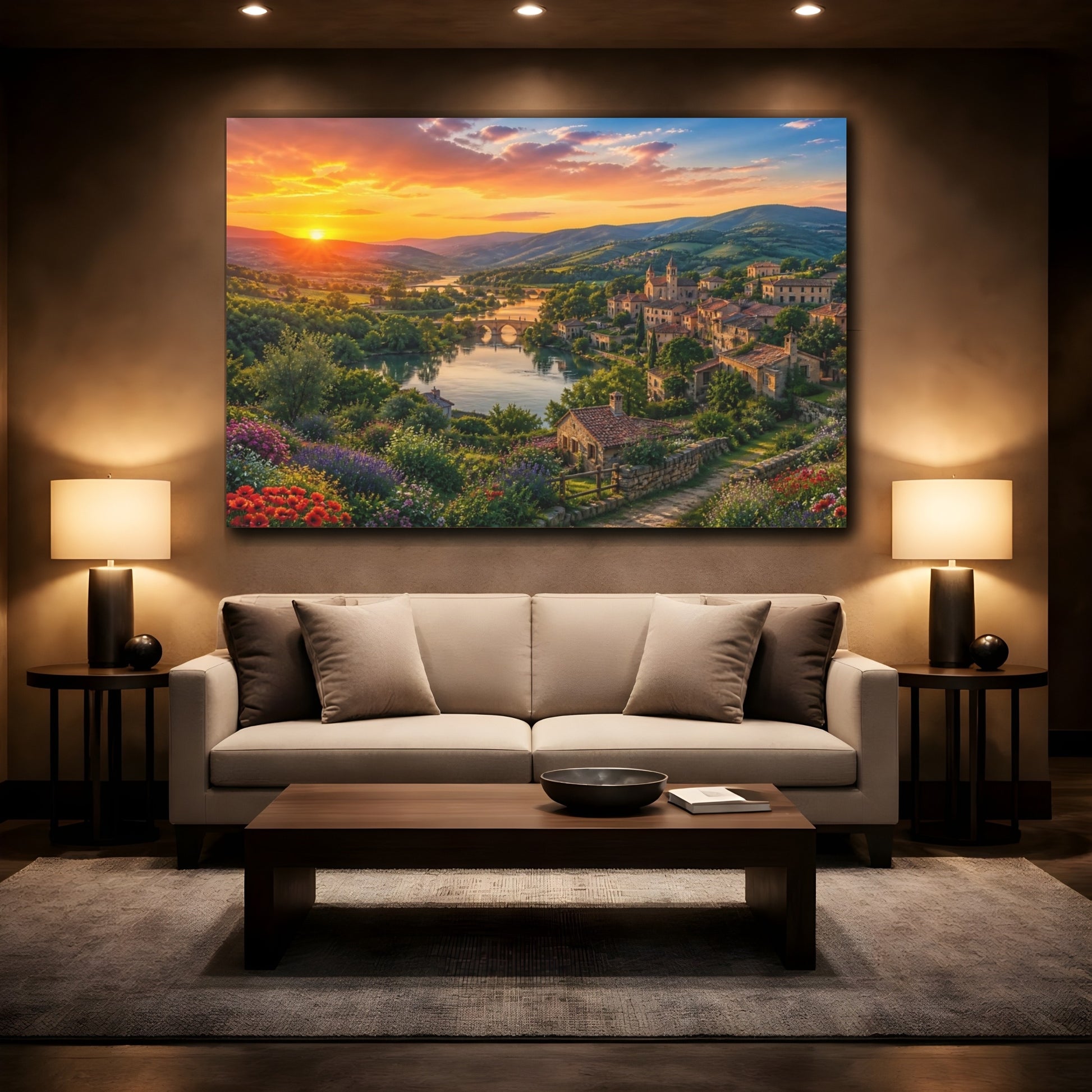 Mockup 2. Sunset Over Riverside Village shown as canvas print