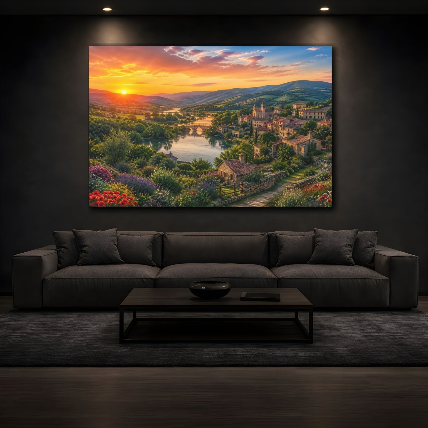 Mockup 3. Sunset Over Riverside Village shown as canvas print