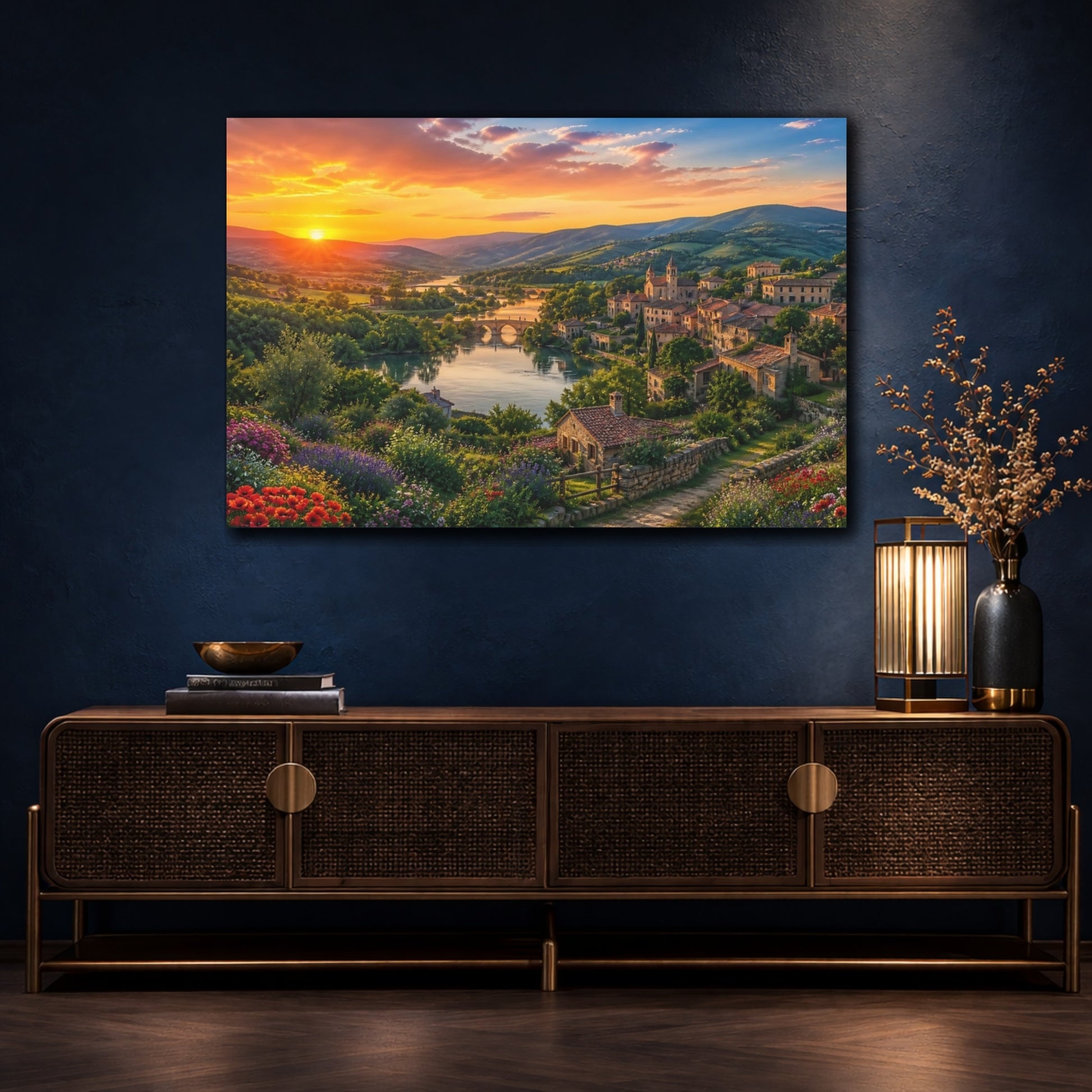 Mockup 4. Sunset Over Riverside Village shown as canvas print