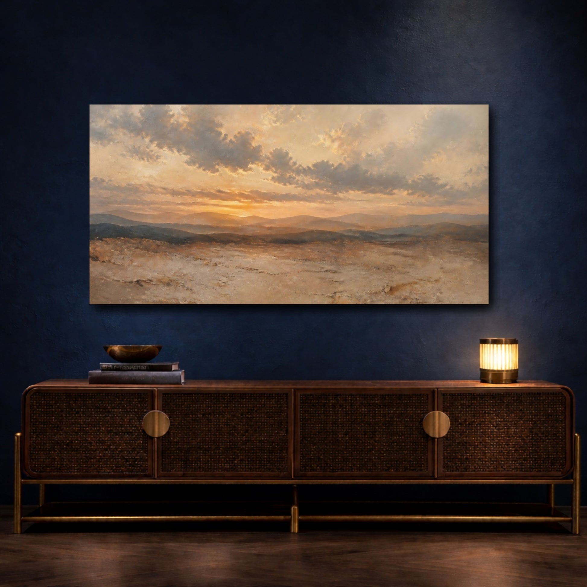 Mockup 4. Sunset Over Rolling Hills shown as canvas print