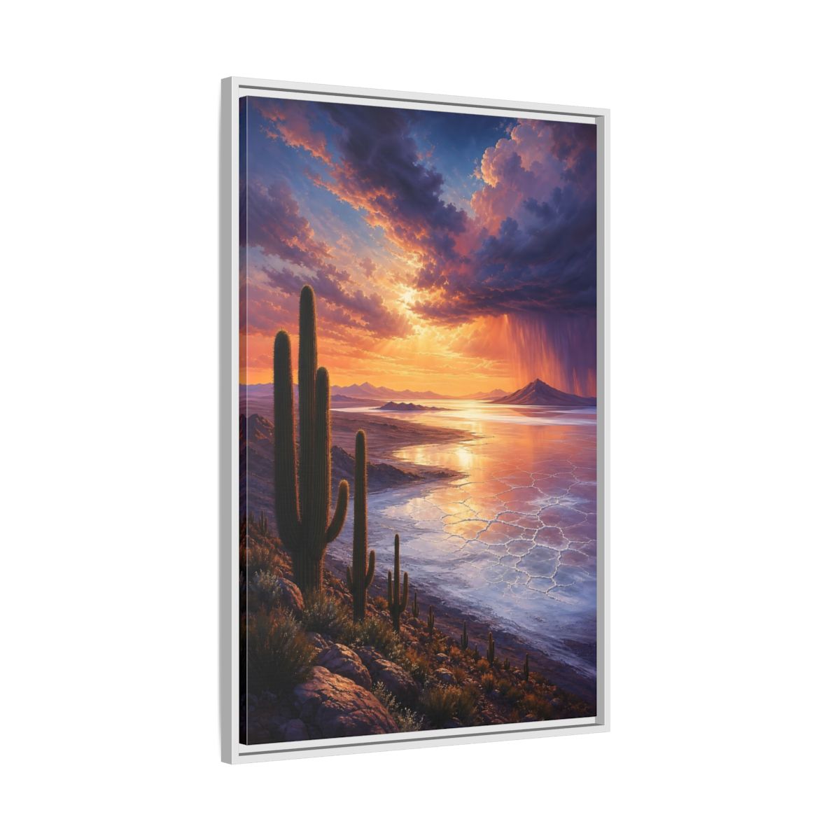 Side Mockup 9. Sunset Over Salt Flats shown as framed canvas print