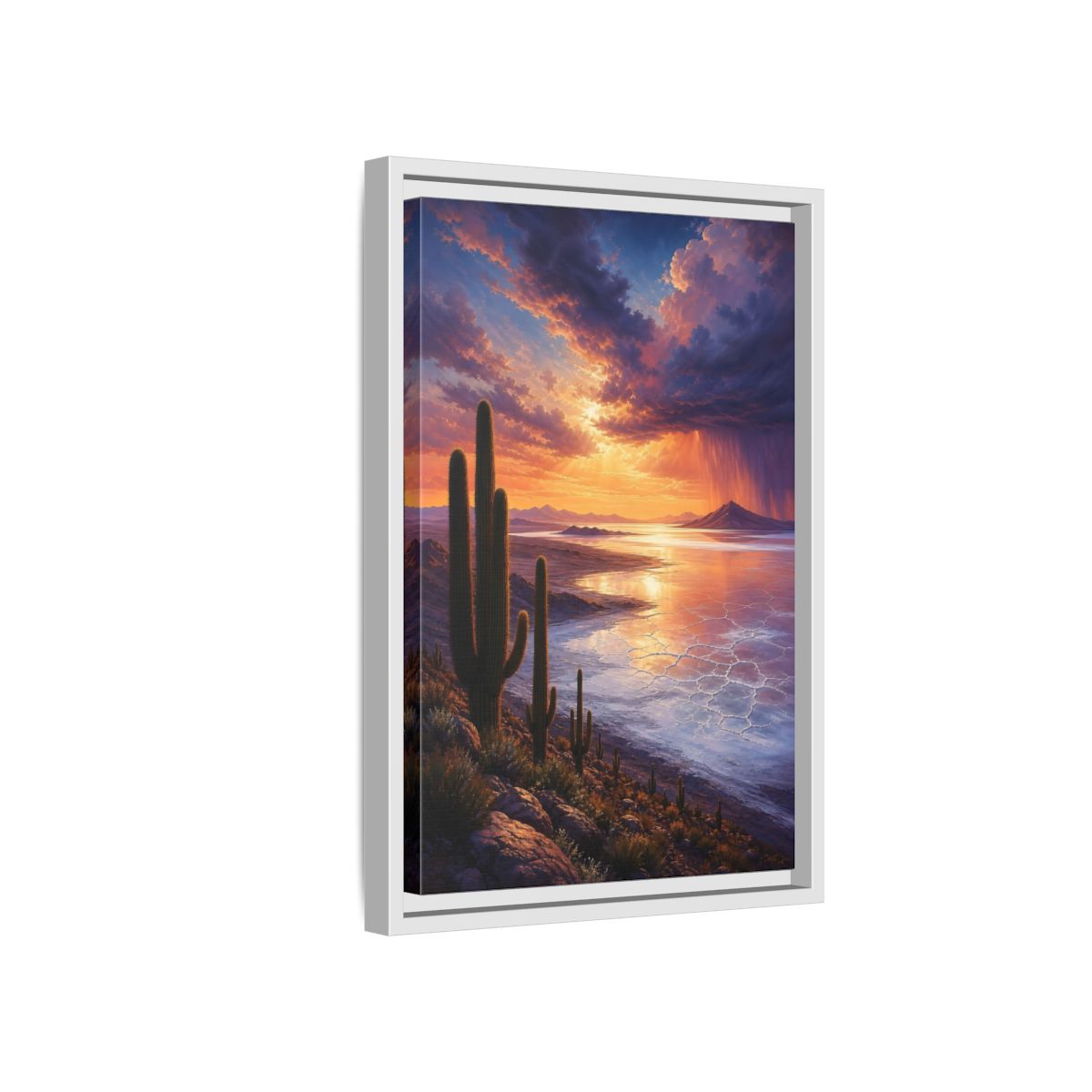 Side Mockup 4. Sunset Over Salt Flats shown as framed canvas print