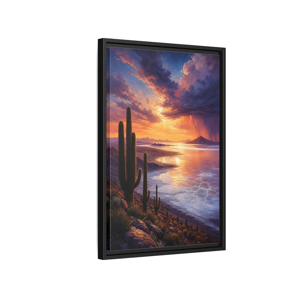 Side Mockup 3. Sunset Over Salt Flats shown as framed canvas print
