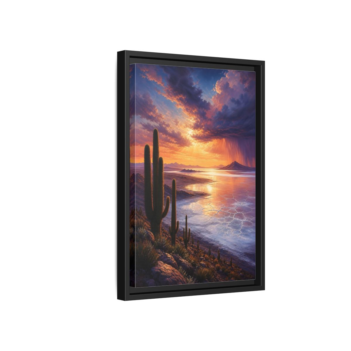 Side Mockup 6. Sunset Over Salt Flats shown as framed canvas print