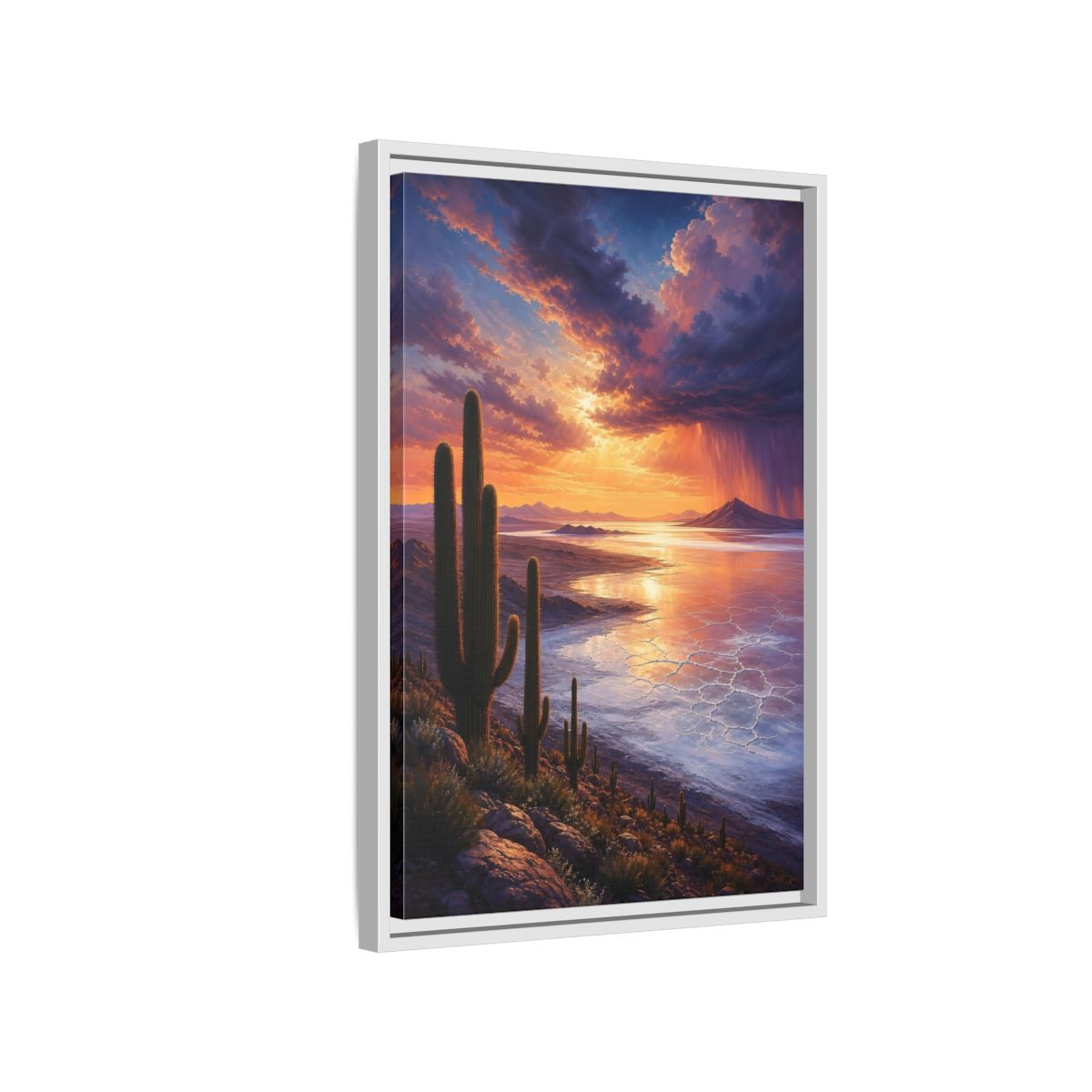 Side Mockup 1. Sunset Over Salt Flats shown as framed canvas print