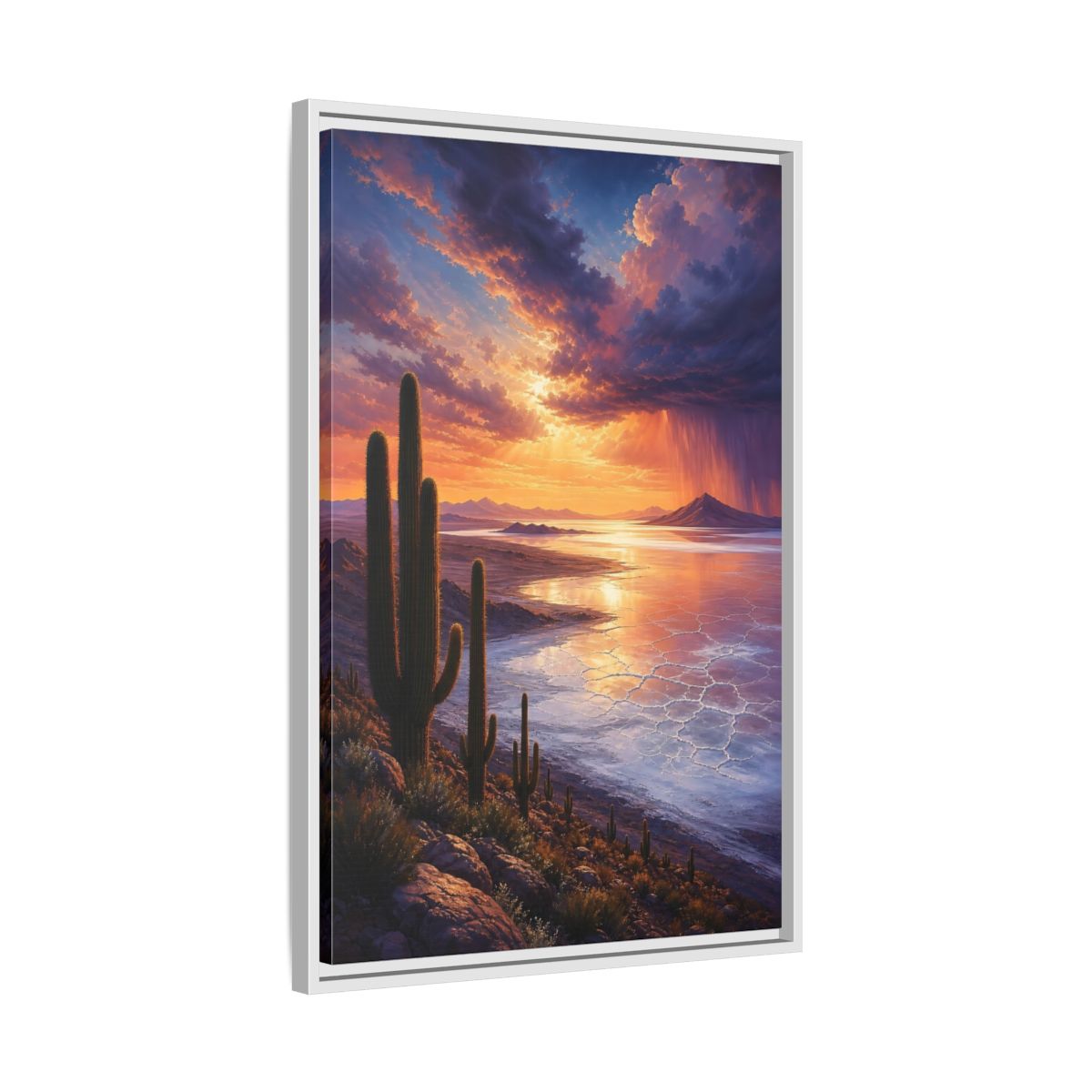 Side Mockup 10. Sunset Over Salt Flats shown as framed canvas print