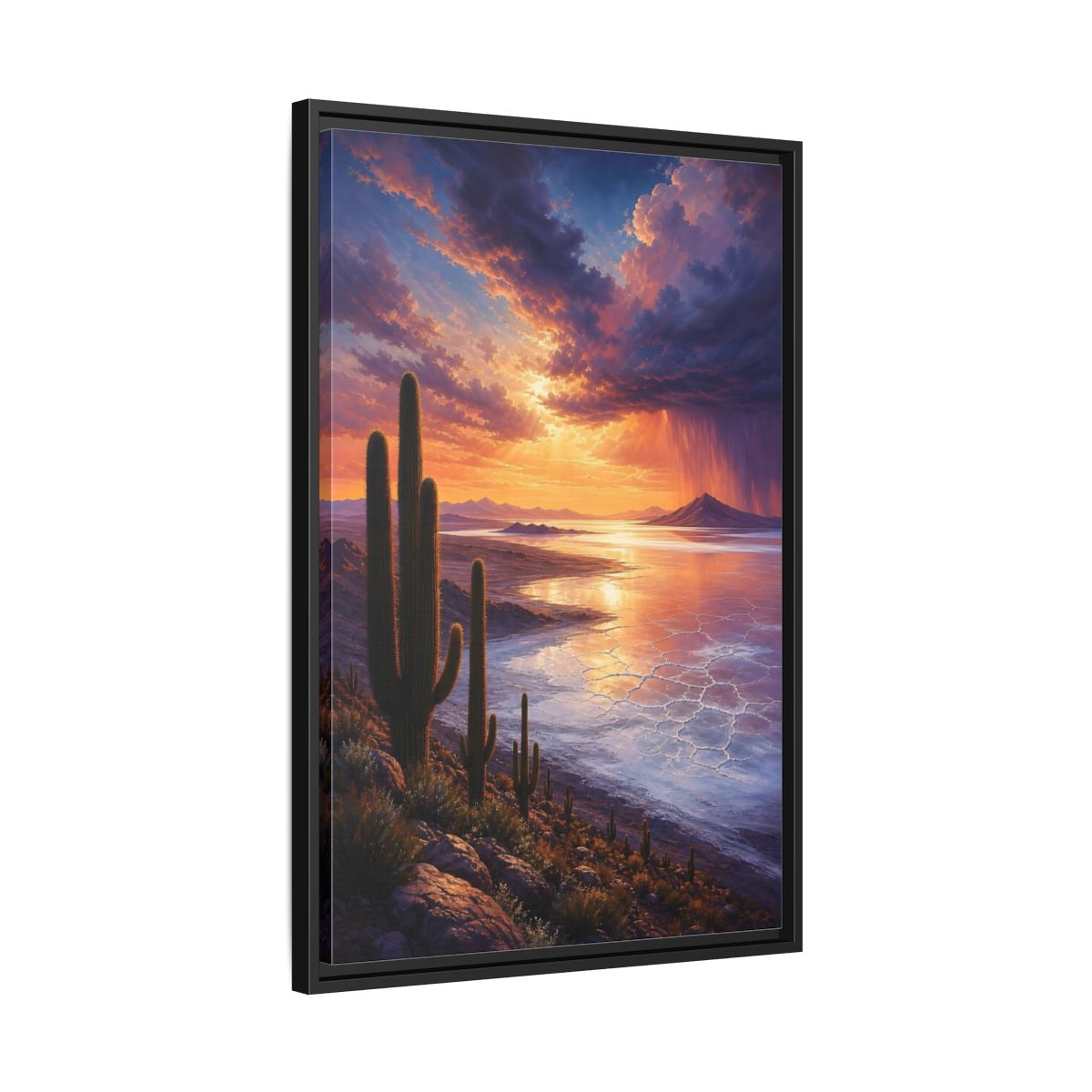 Side Mockup 14. Sunset Over Salt Flats shown as framed canvas print