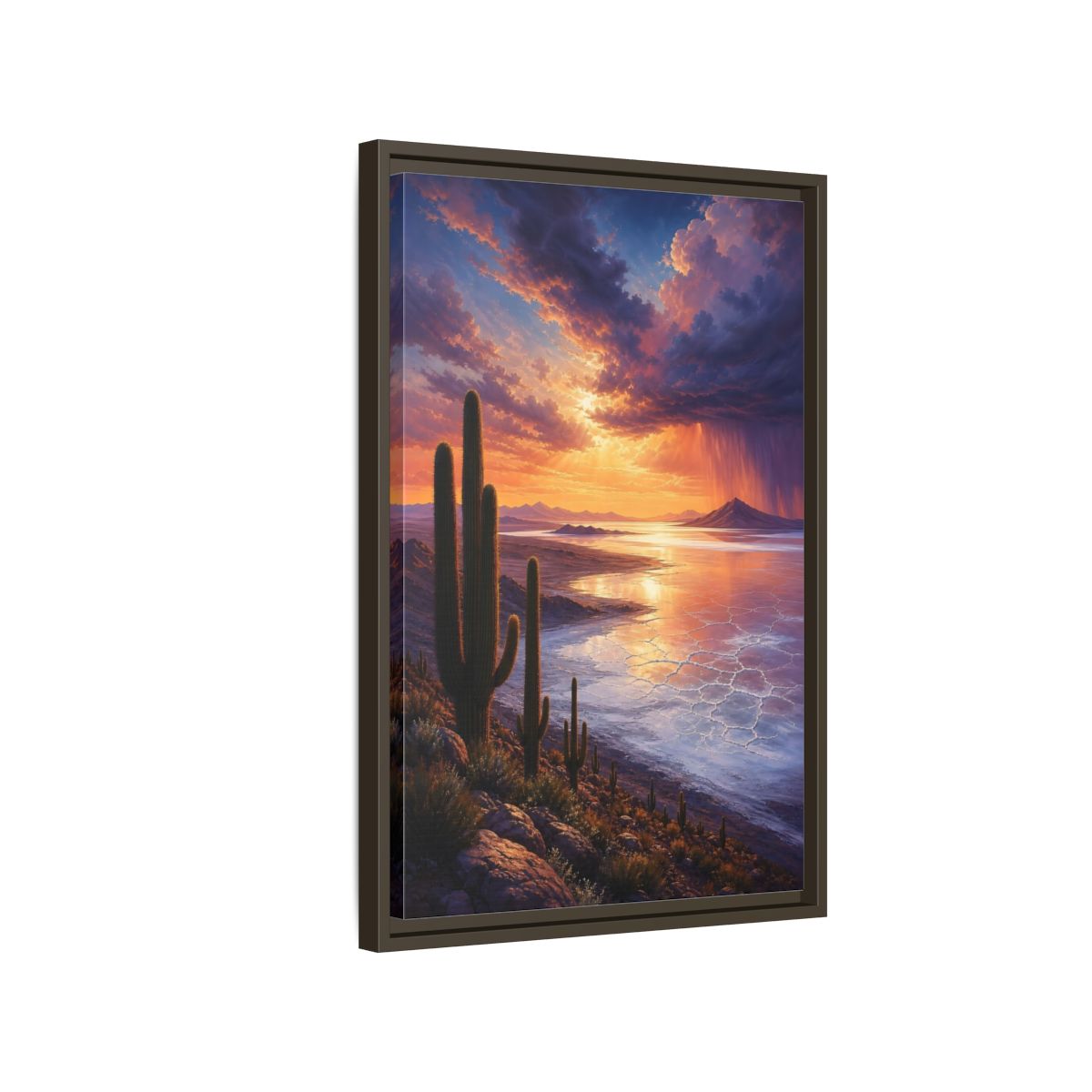 Side Mockup 2. Sunset Over Salt Flats shown as framed canvas print