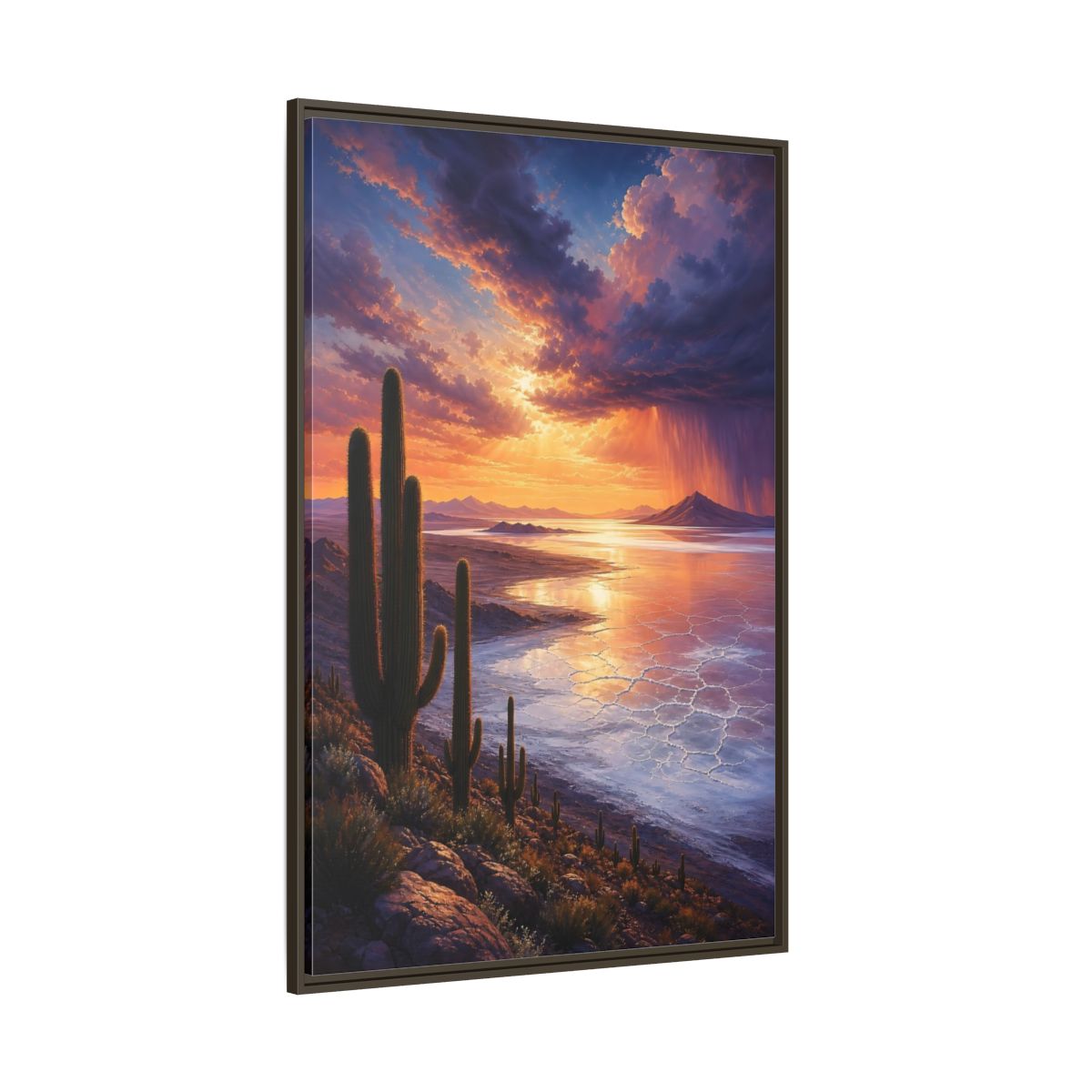 Side Mockup 8. Sunset Over Salt Flats shown as framed canvas print