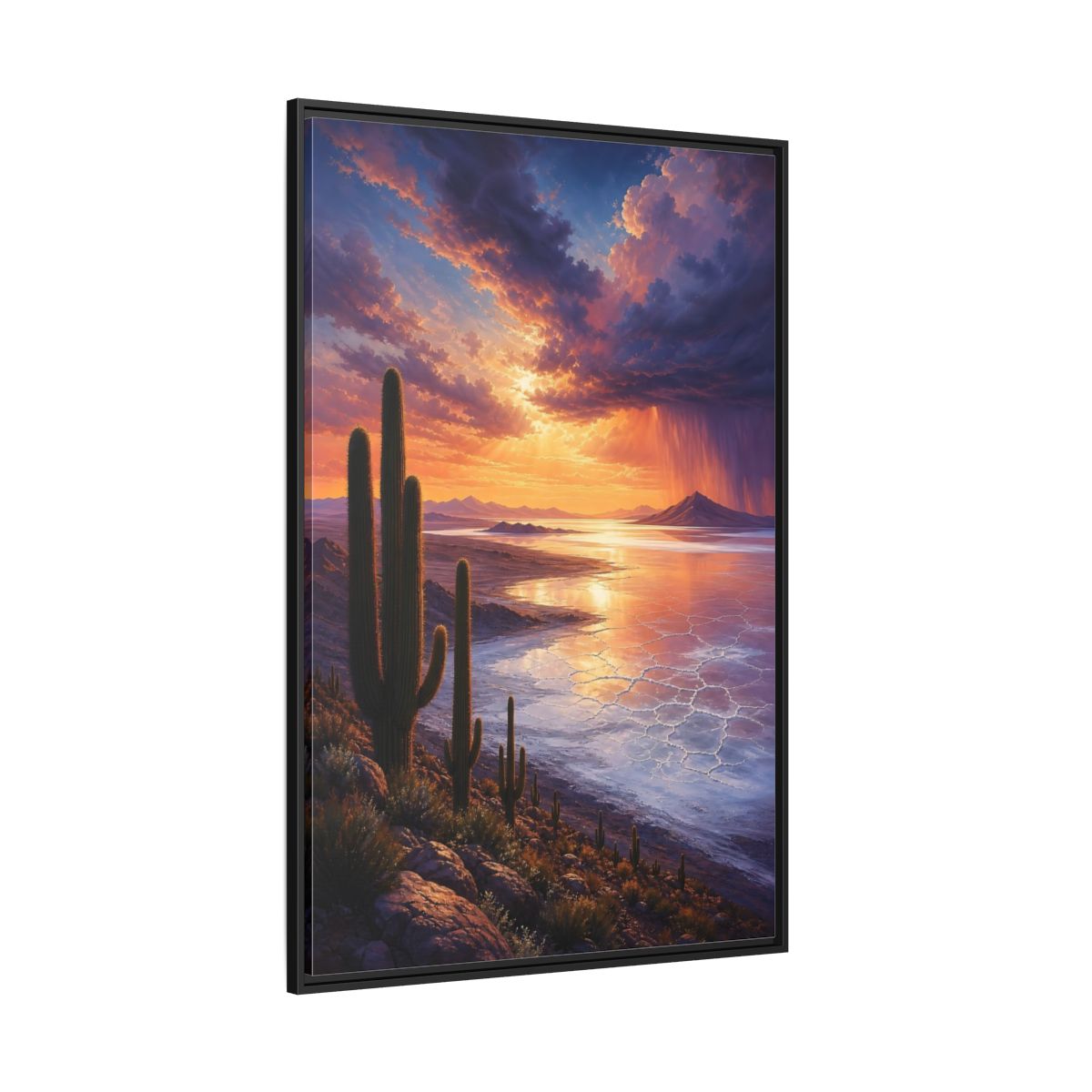 Side Mockup 12. Sunset Over Salt Flats shown as framed canvas print