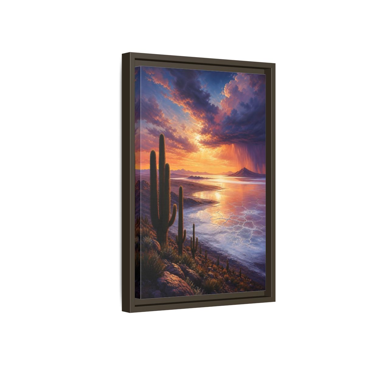 Side Mockup 5. Sunset Over Salt Flats shown as framed canvas print