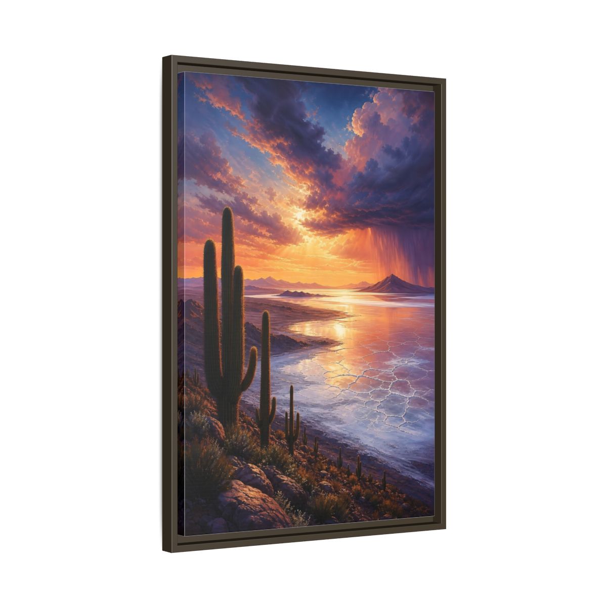 Side Mockup 11. Sunset Over Salt Flats shown as framed canvas print