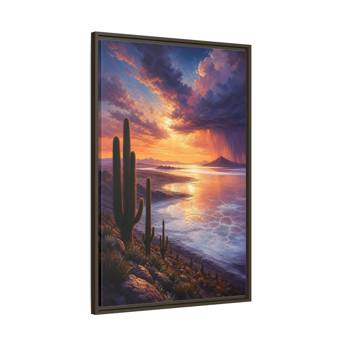 Main Mockup. Sunset Over Salt Flats shown as framed canvas print